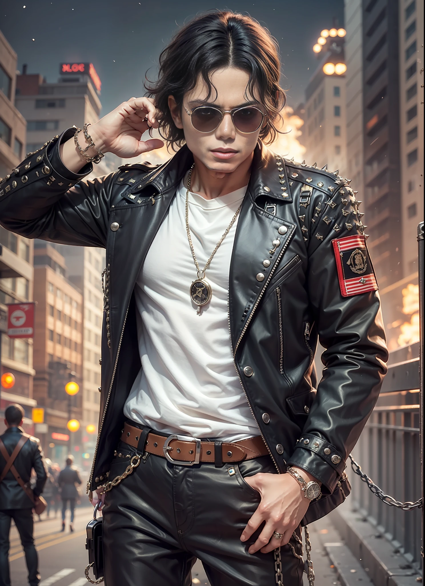 Michael jackson, sunglasses, black pants with rivets, 1 black belt, coat, long t-shirt, rivets, holster, rivets, chains, just one body, front view, night, explosions behind.