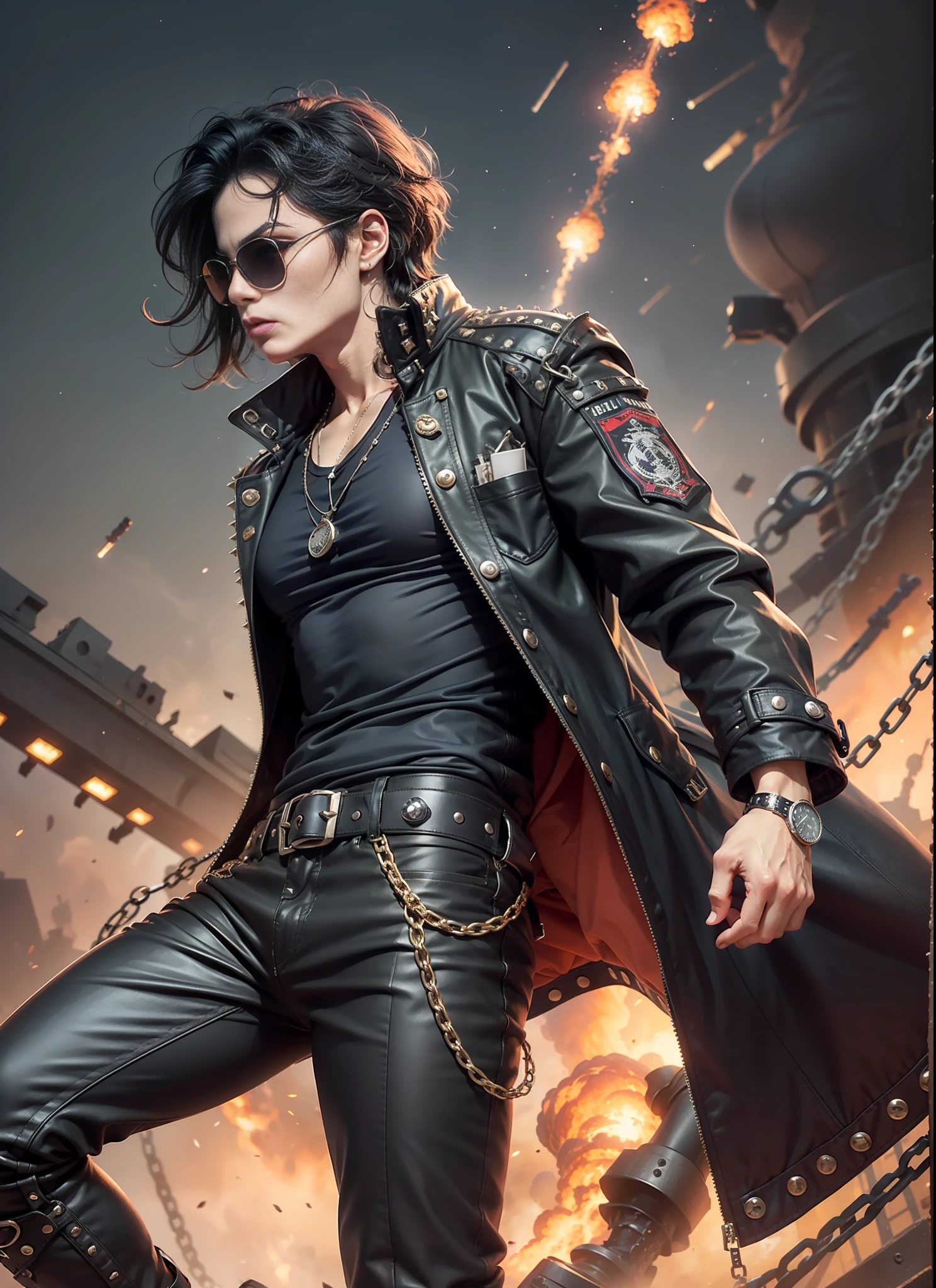 Michael jackson, sunglasses, black pants with rivets, 1 black belt, coat, long t-shirt, rivets, holster, rivets, chains, just one body, front view, night, explosions behind.