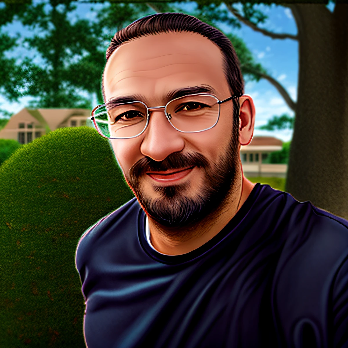 There is a man with glasses and beard in front of a tree, anime, realistic animation style.