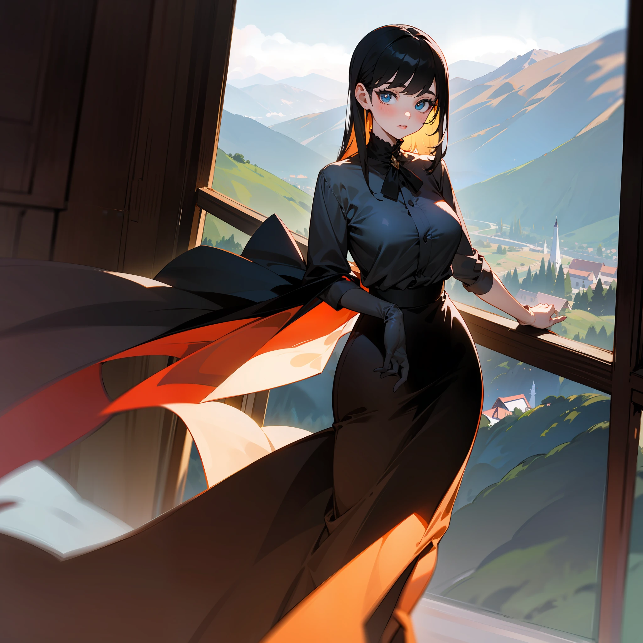 young woman watching the view on the mountaintop, in the chalet, on the terrace, black shiny hair, beautiful, big eyes, elegant, modern dress, skirt, shirt