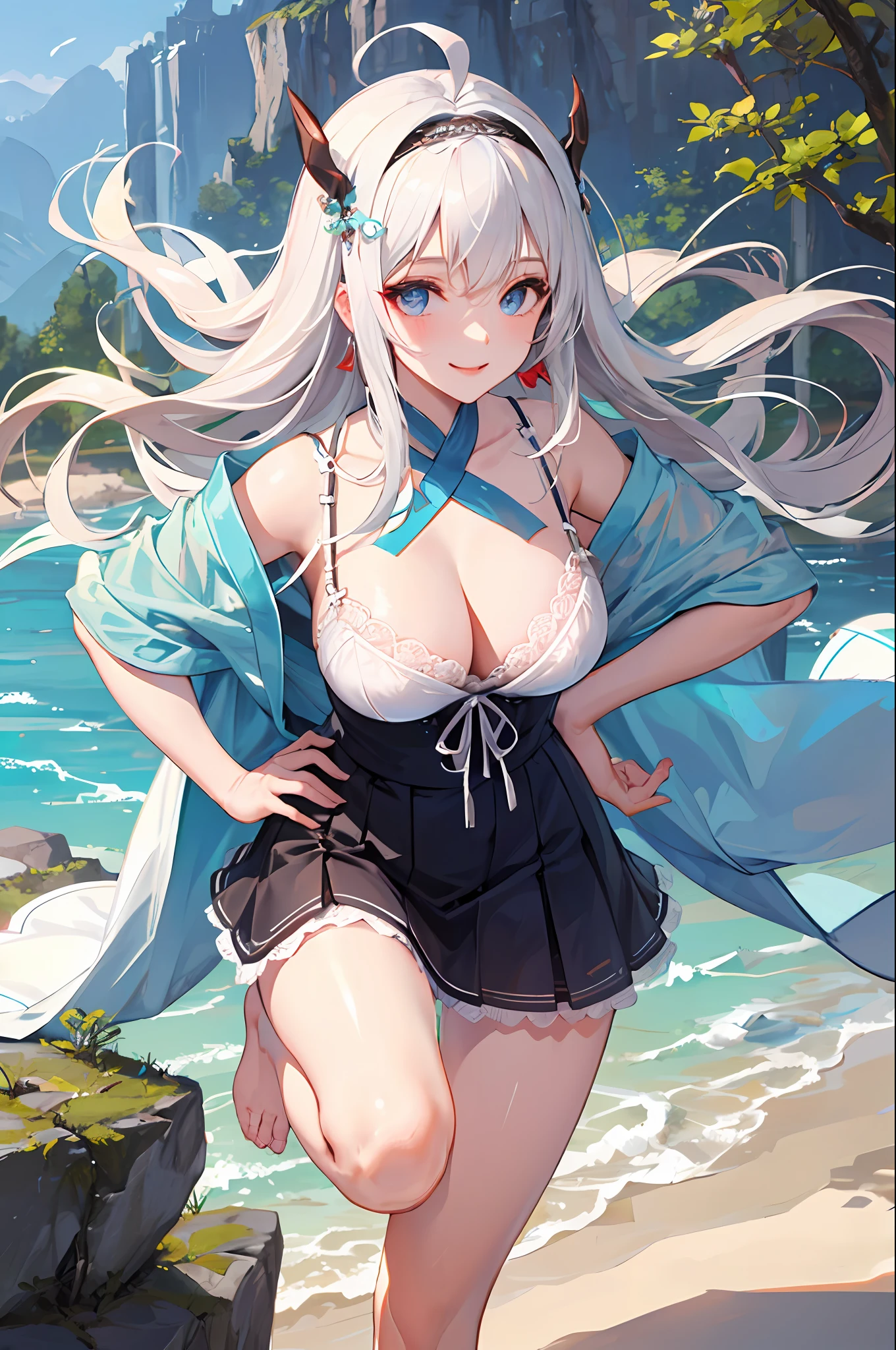 (Masterpiece: 1.5), (Best Quality: 1.5), (Super Fine: 1.5), Illustration, Denim Photo, 1 Girl, Solo, (Building), Perfect Face, Radiant Skin, Long Hair, Beautiful Delicate Eyes, Beautiful Long Flowing Hair, (ru_qun:1.5), (Hanfu: 1.5), Hanfu, White Dress, White Stockings, (Bloom), Lighting, Ray Tracing, Outdoor, Mountains, Nature, Hair Accessory, Headband, Hands on Hips, Looking at the Audience, ahoge, big breasts, (depth of field: 1.5), headgear, forest, barefoot sandals, girl on top, cute, pretty lingerie, perfect face, blue eyes, hand up lace skirt, skirt view, skirt, leg up, view between legs, lace panties, panties visible, panties peek, look from under skirt, lace lingerie, panty view, sexy, smile, teasing look, pee, take off panties