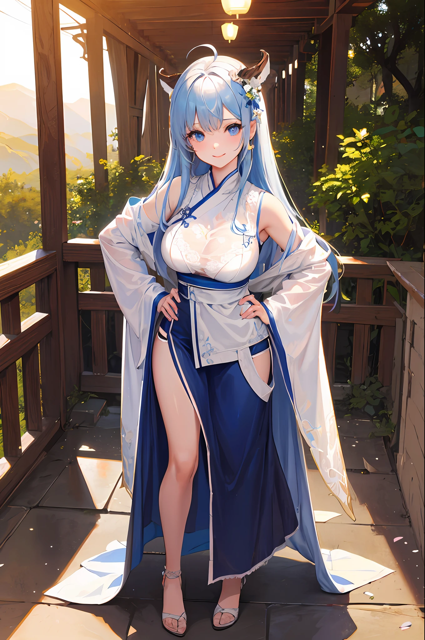 (Masterpiece: 1.5), (Best Quality: 1.5), (Super Fine: 1.5), Illustration, Denim Photo, 1 Girl, Solo, (Building), Perfect Face, Radiant Skin, Long Hair, Beautiful Delicate Eyes, Beautiful Long Flowing Hair, (ru_qun:1.5), (Hanfu: 1.5), Hanfu, White Dress, White Stockings, (Bloom), Lighting, Ray Tracing, Outdoor, Mountains, Nature, Hair Accessory, Headband, Hands on Hips, Looking at the Audience, ahoge, big breasts, (depth of field: 1.5), headgear, forest, barefoot sandals, girl on top, cute, pretty lingerie, perfect face, blue eyes, hand up lace skirt, skirt view, skirt, leg up, view between legs, lace panties, panties visible, panties peek, look from under skirt, lace lingerie, panty view, sexy, smile, teasing look, pee, take off panties