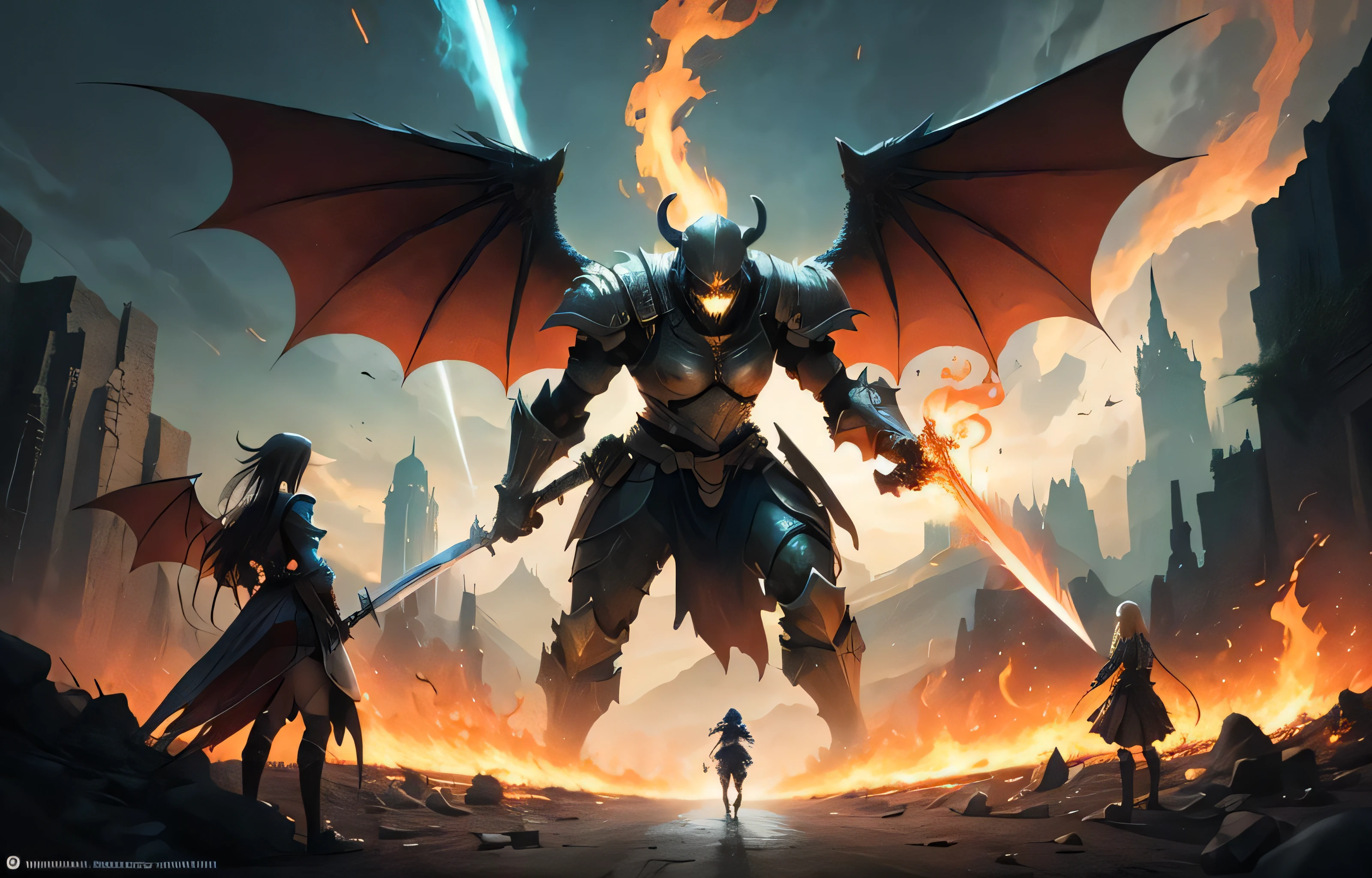 masterpiece, best quality, ultra-detailed, illustration,2girls,fantasy, RPG, heroine, devil, final battle, outdoors, epic, dramatic, intense, powerful, dynamic, magic, spells, sword, shield, armor, wings, horns, tail, fire, smoke, light, shadow, impact, movement, energy, determination, bravery, courage, heroism, villainy, evil, darkness, destruction, victory, defeat, redemption, justice, sacrifice, friendship, companionship, teamwork, perseverance, challenge, obstacle, success, achievement, goal-oriented, progress, improvement, realism, naturalistic, figurative, representational, video game culture, anime, manga, Japanese, RPG tropes, character design, animation, special effects, composition, scale, foreground, middle ground, background, perspective, light, color, texture, detail, beauty, wonder,