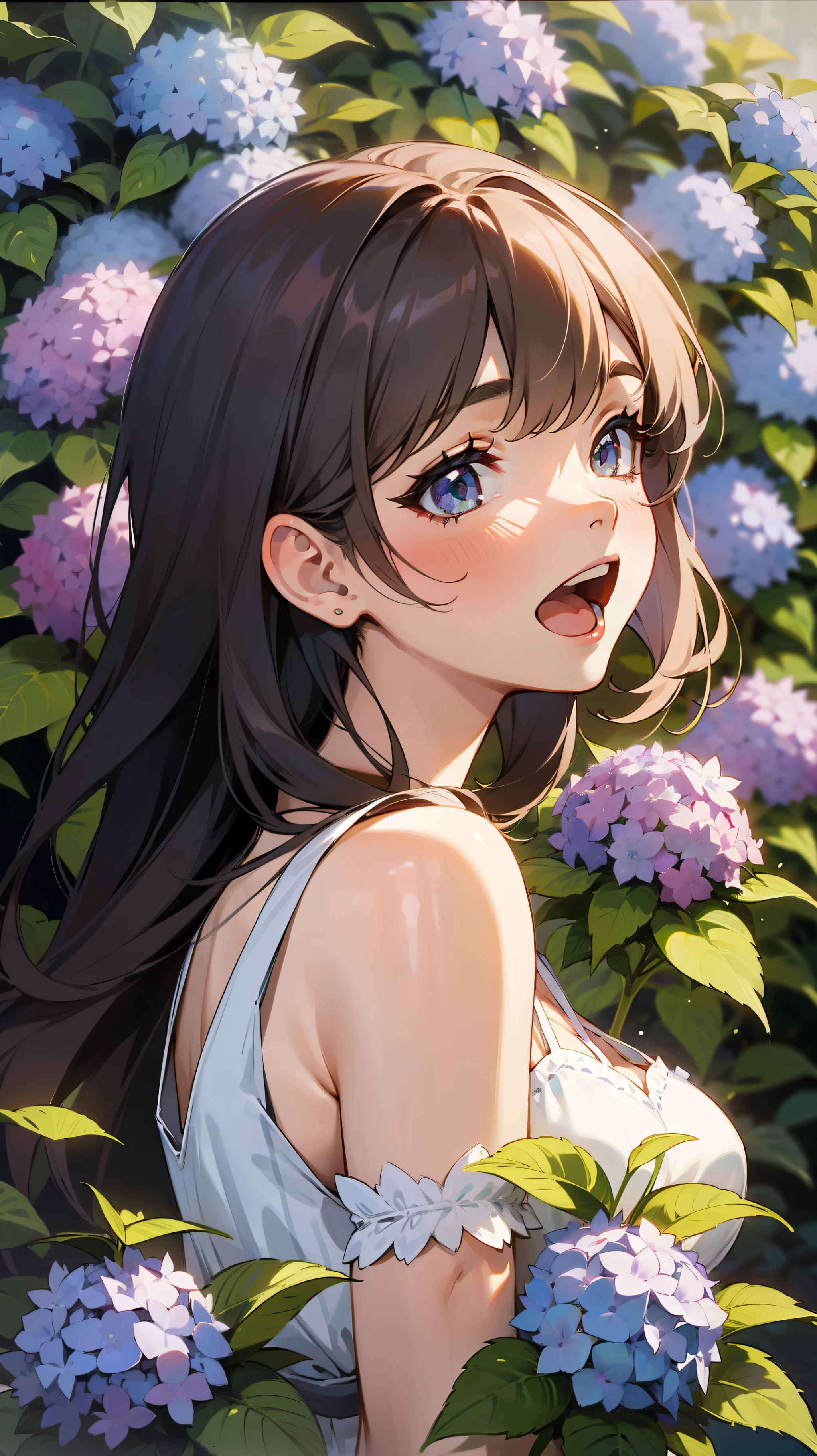 One girl, hydrangea, singing