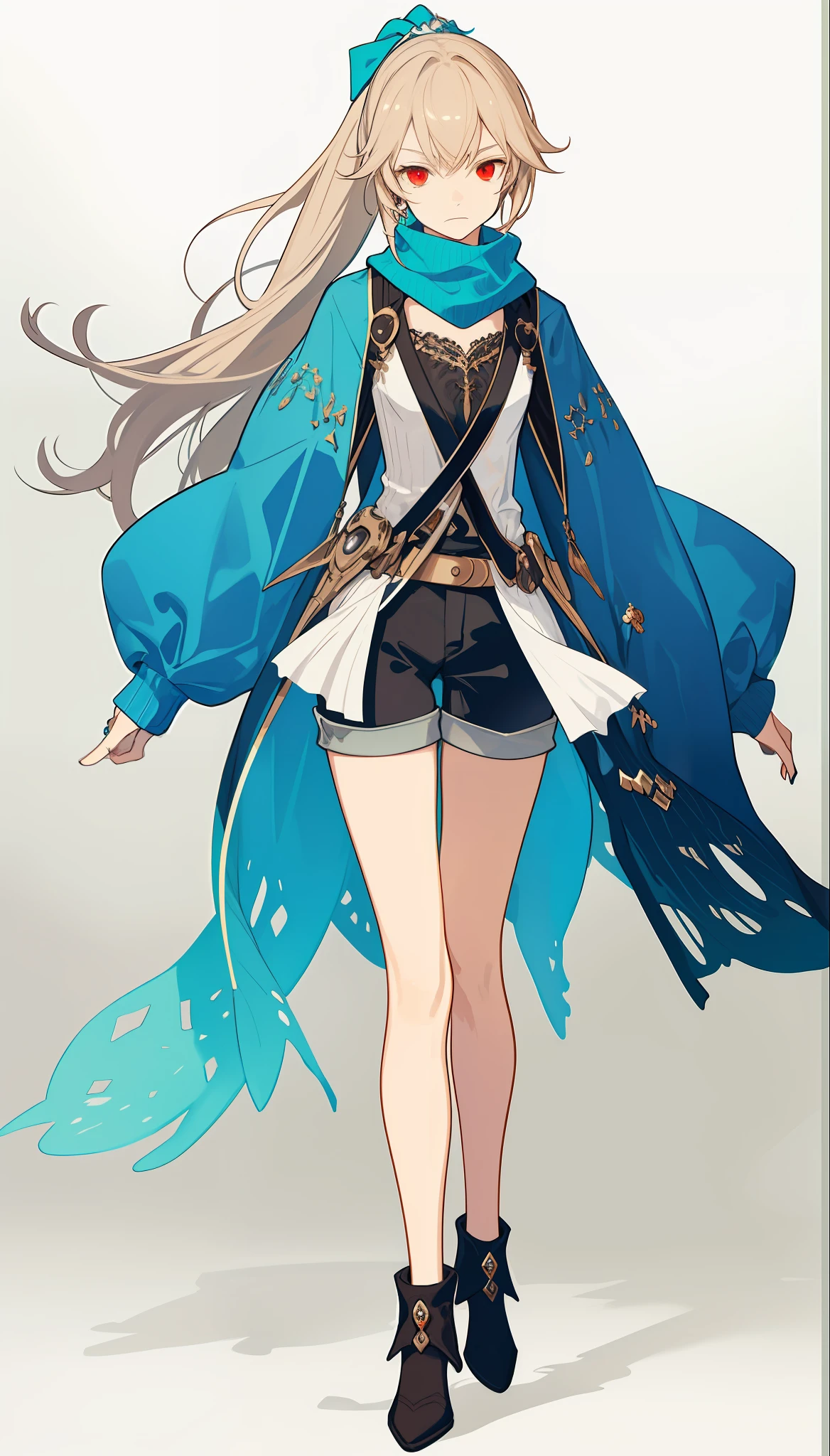 Masterpiece, Superb Boy, 13 years old, cute, white ponytail, red eyes, indifferent expression, intricate pattern, delicate face, scarf, black tunic, shorts, western fantasy style, full body, asymmetrical design, leg ring,