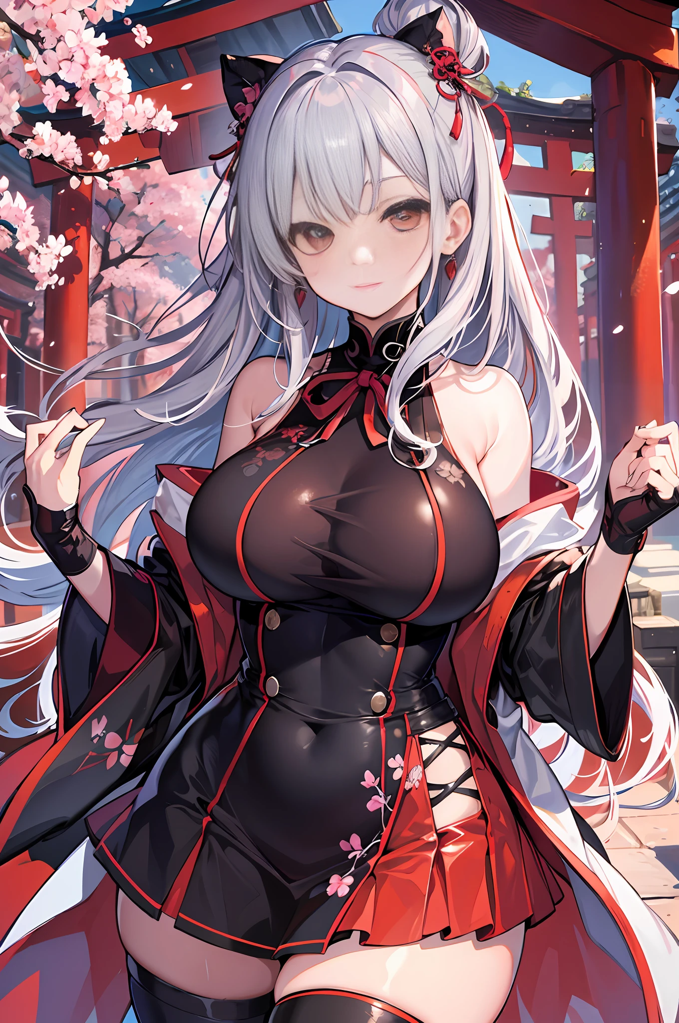 masterpiece, best quality, high_resolution, fine detail, very detailed and beautiful, distinct_image, 1个女孩, Solo, ,silver-haired,front-facing, red eyes, (huge breasts), (),miniskirt,thighhigh, curvaceous,torii,cherry blossom,