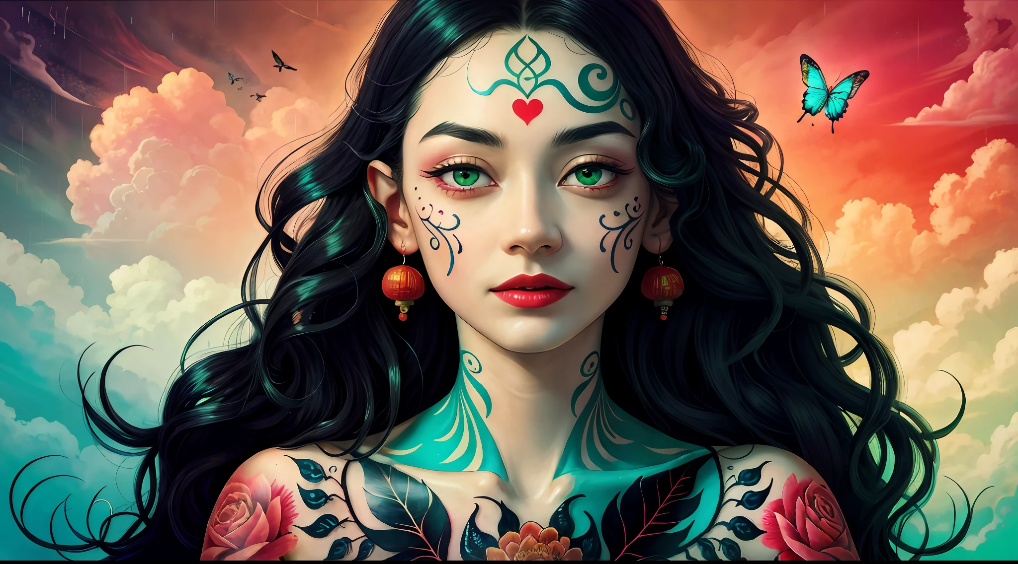 (Masterpiece: 1.2, high quality), (pixels: 1.4), (Song dynasty strokes: 1.4) (wide-angle lens, panorama: 1.2), (panoramic lens: 0.95), (panoramic lens, macro lens: 1.25), dynamic angle, perspective, high point, masterpiece, best quality, 8k, crazy detail, intricate details, super detail, super high quality, early spring willow leaves, often with rain and hatred clouds, extremely beautiful vampire, sideways, face like peach blossom March, implied amorous moon. The slender waist is curled, the restrained swallow lazy warbler is lazy, the sandalwood mouth is light, and the butterfly chaos that tempts the bees crazy. Enchanting jade words, beautiful jade fragrance, tense shots (the sky glows red, visual impact, giving the poster a dynamic and visually striking appearance: 1.2), close-up, (analog lens, macro lens: 1.25), colorful colored transparent smooth stones: 1.5, ultra-realistic and complex, body makeover, glowing tattoos, surreal tattoos, highly realistic and complex, tattoo art, detailed neon tattoos