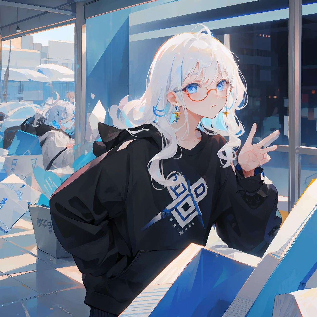 Boy, anime, white hair, wavy hair, blue eyes, black earrings, black round glasses, black sweatshirt, bandages on face