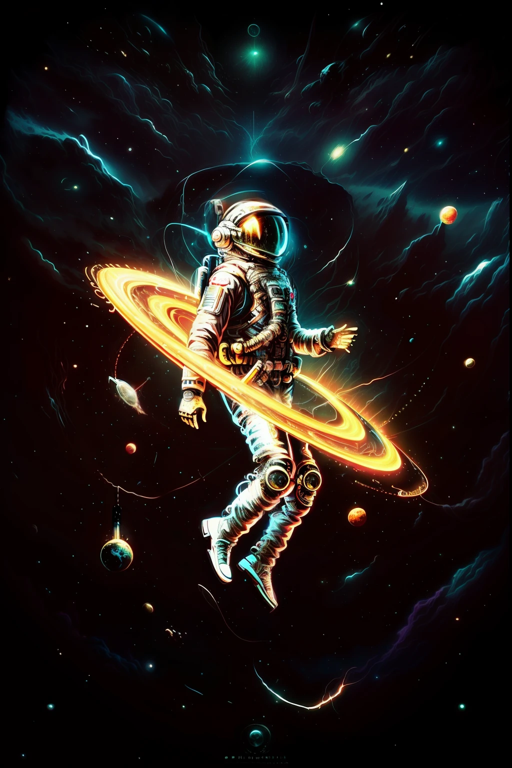 astronaut in outer space with glowing ring around his neck, portal in space, floating through space, floating in space, portal to outer space, an astronaut floating in space, floating in outer space, drifting in space, floating in deep space, astronaut floating in space, floating in a cosmic nebula, interstellar space suit, flying through space, interstellar infinity portal, cosmic energy wires