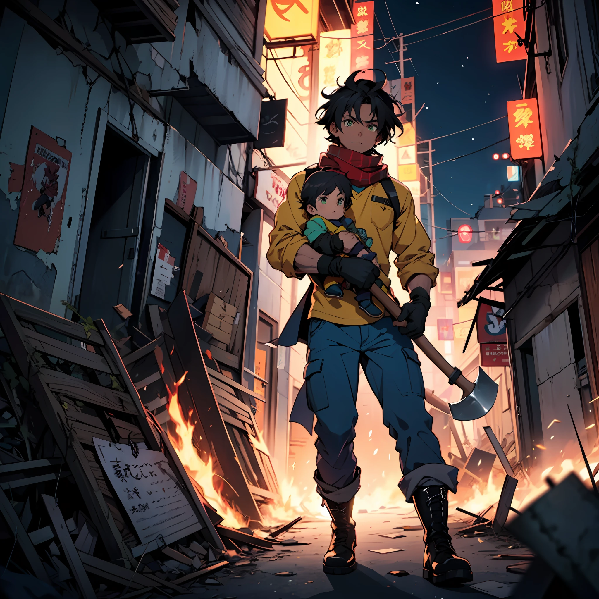A boy, tall, black hair, abundant disheveled hair, brown skin, green eyes, a scar on his left eye, blue pants, high black boots, red scarf, yellow shirt, high black gloves, young, carrying an axe, apocalyptic background, Ruins, destroyed city, night, anime, 2d, cartoon, comic --maturemalemix