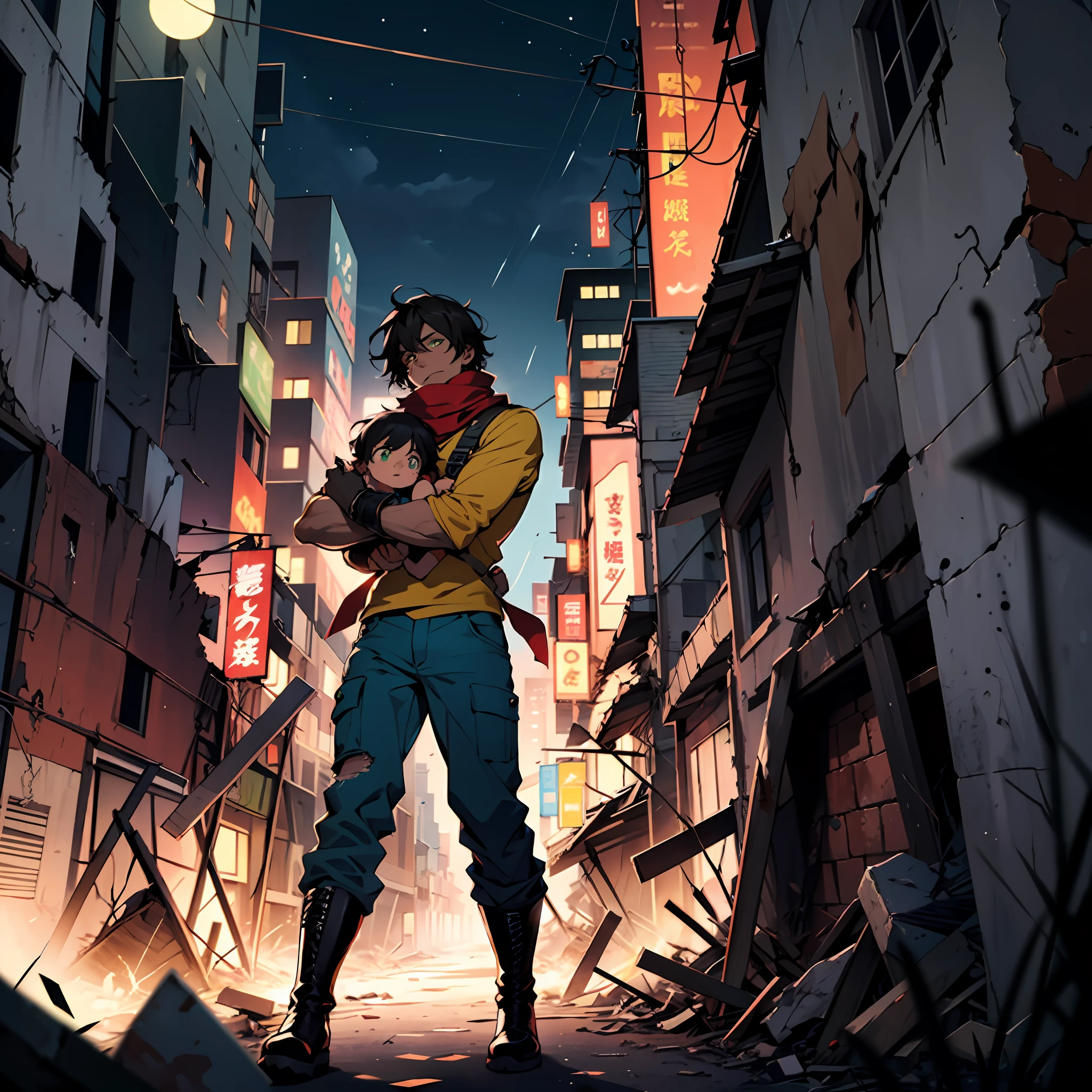 A boy, tall, black hair, abundant disheveled hair, brown skin, green eyes, a scar on his left eye, blue pants, high black boots, red scarf, yellow shirt, high black gloves, young, carrying an axe, apocalyptic background, Ruins, destroyed city, night, anime, 2d, cartoon, comic --maturemalemix