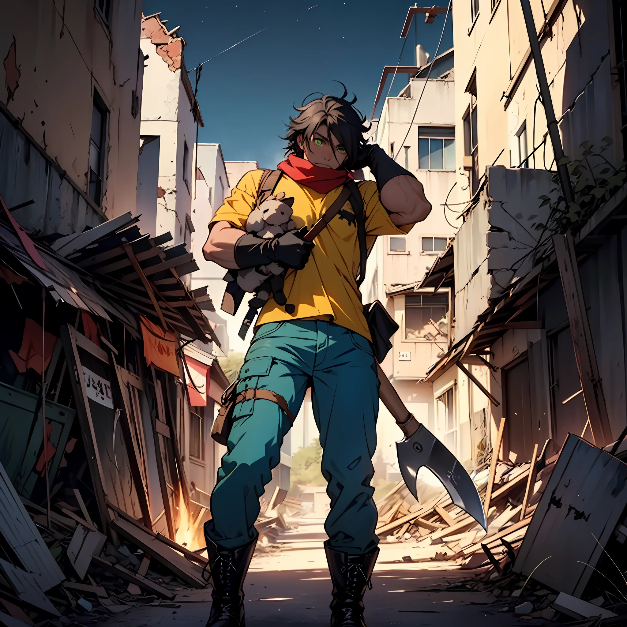A boy, tall, black hair, abundant disheveled hair, brown skin, green eyes, a scar on his left eye, blue pants, high black boots, red scarf, yellow shirt, high black gloves, young, carrying an axe, apocalyptic background, Ruins, destroyed city, night, anime, 2d, cartoon, comic --maturemalemix