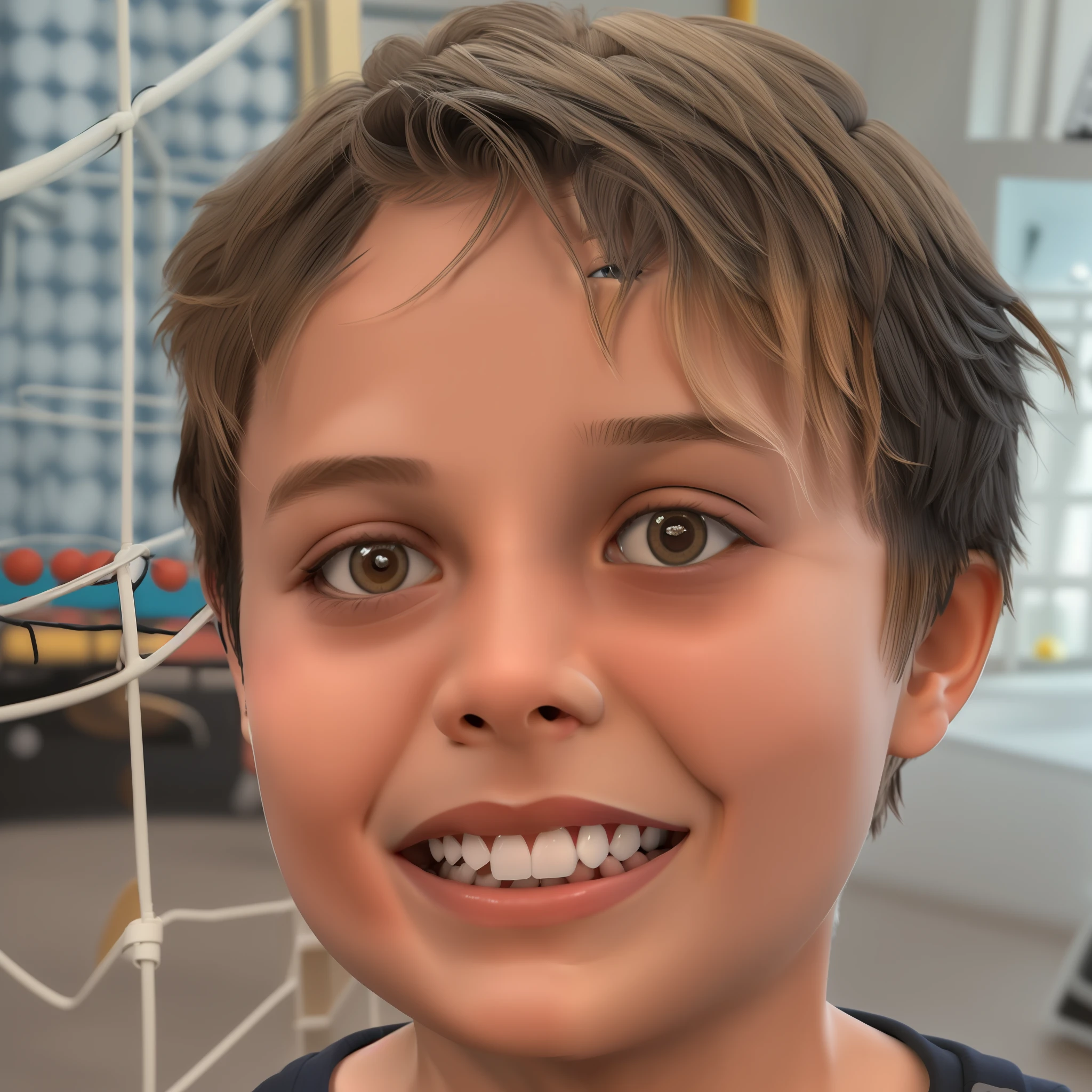Boy with short hair, blond, smiling in front of a basketball table, boy has short blonde hair, bangs with topknot, boy with neutral face, looking straight at the camera