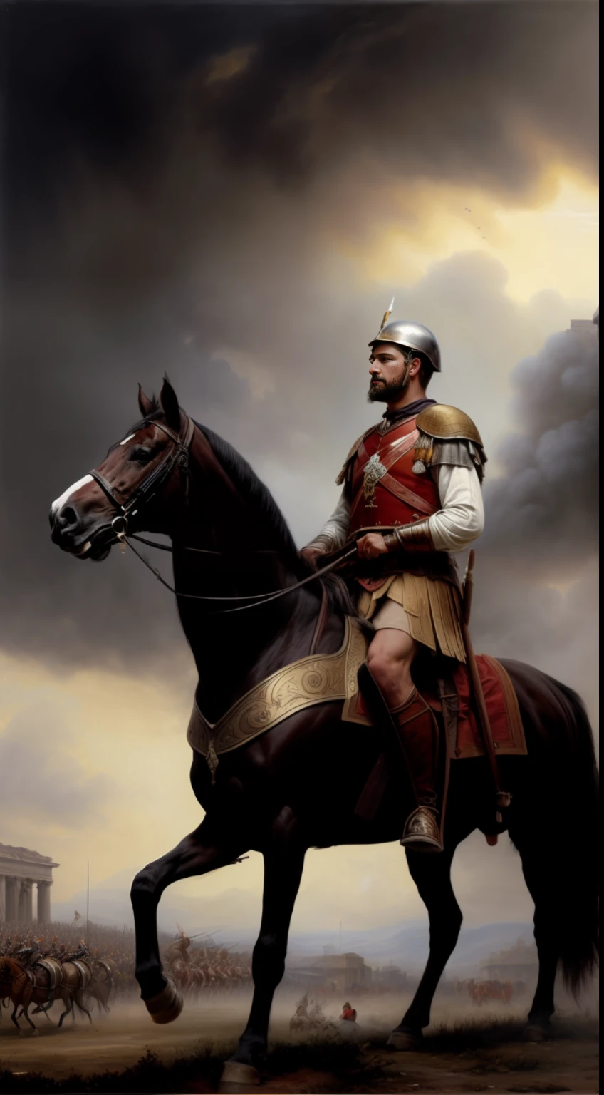 (masterpiece, realistic oil painting by Greg Rutkowski:1.3), King Alaric I, imposing figure on horseback, leading his (Visigoth warriors:1.4) in a decisive battle against the Roman Empire, 5th-century setting, war-torn landscape, detailed ruins, realistic style, somber lighting, fallen Roman soldiers, determined Visigoth warriors, palpable tension, evocative colors, powerful atmosphere, dynamic composition, highlighting the clash between two great forces.