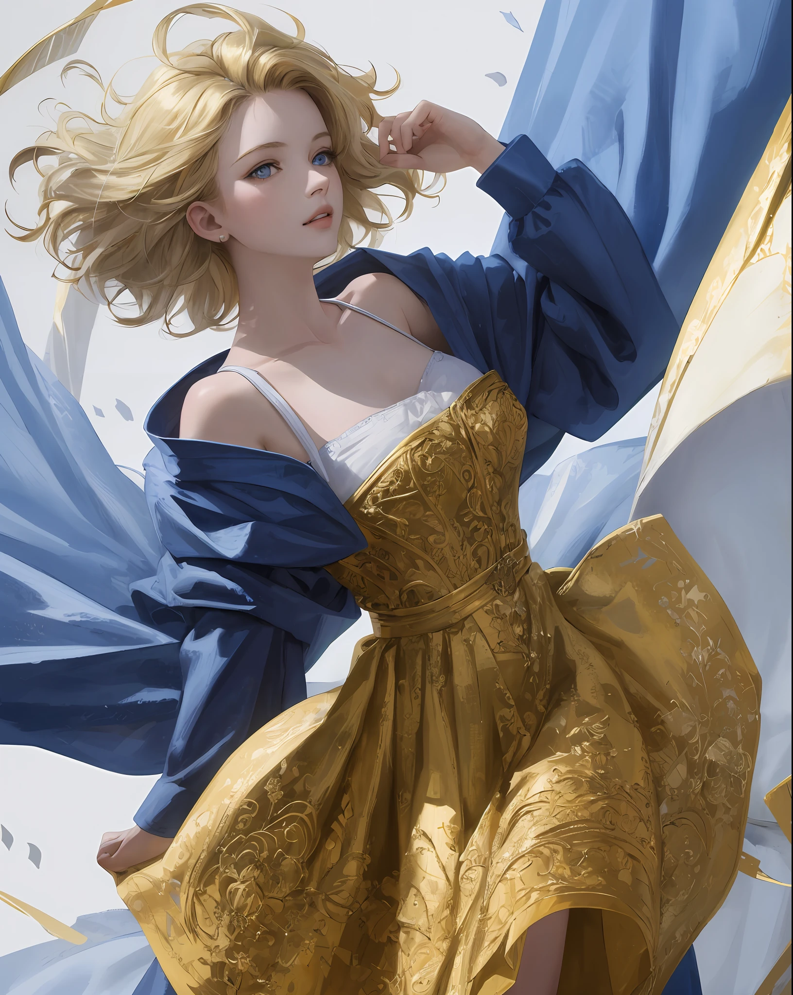 (masterpiece: 1.2, best quality), realistic, (real image, intricate details, depth of field), best quality, masterpiece, highly detailed, semi-realistic, 1 girl, woman, with short golden hair, left eyes covered by hair, blue eyes, king's clothes, blue robe, slim body