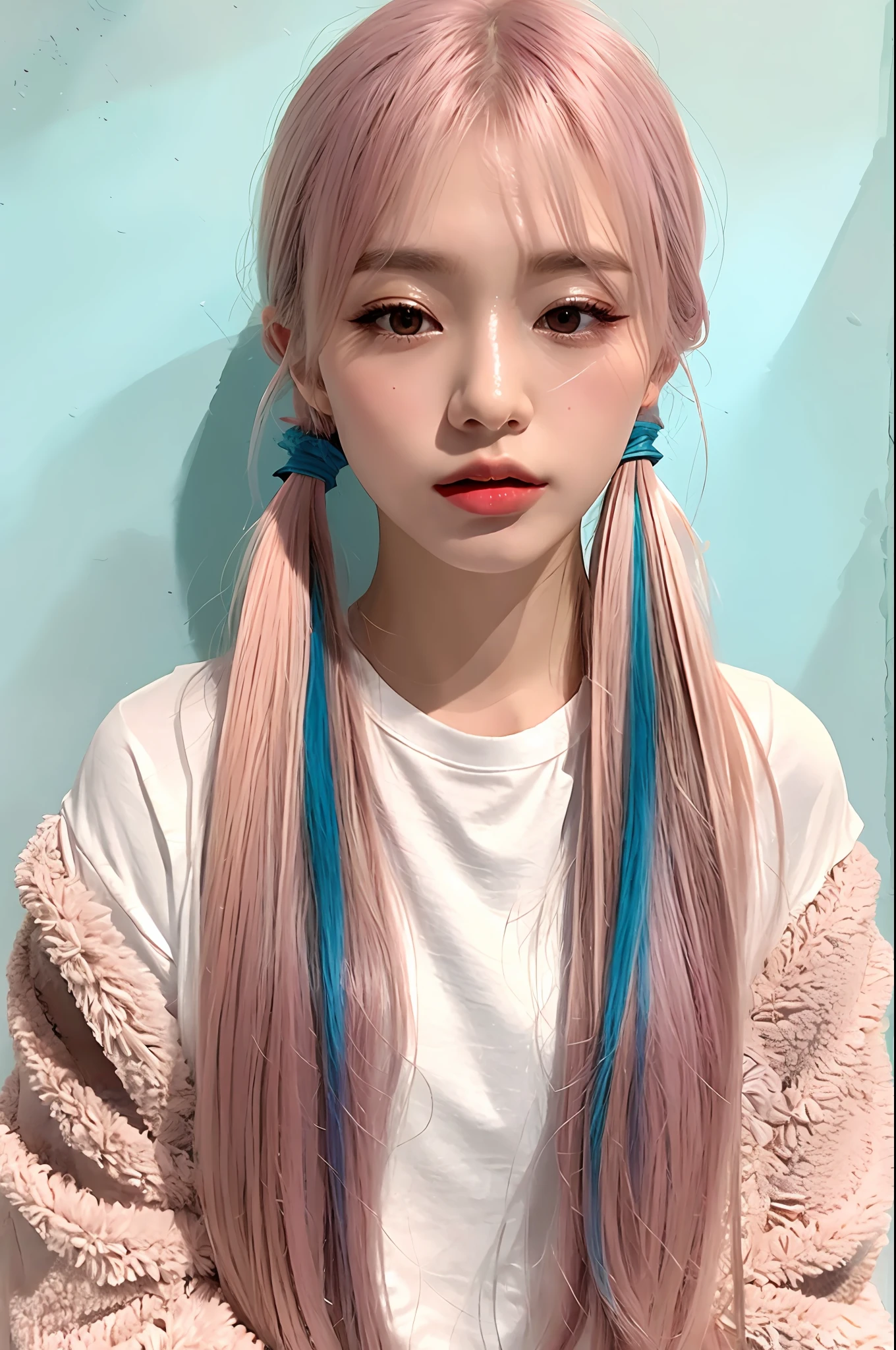 (Ultra-detailed;1.3), (illustration;1.2), (anime picture;1.4), (high resolution;1.2) (extremely detailed background;1.2), 1Girl, (Solo;1.1),
1girl,solo,
(Two-tone colored hair, pale pink, pale blue;1.4), (low twintails;1.4),(bangs over eyes;1.3), (ultra-detailed hair;1.2), (Shiny hair;1.2),
(Glowing hair;1.2), (illuminated hair;1.3),
break
(extremely detailed eyes;1.3),
(one eye closed;1.5),(stick out tongues;1.4),
(Pale pink eyes;1.3) , (Shiny eyes;1.2),(glowing eyes;1.2),(illuminated eyes;1.2),
(Pale purple pupils;1.3), (Shiny pupils;1.2),(glowing pupils;1.2),(illuminated pupils;1.2),
(Star shaped pupils;1.5),
Break
(T-shirt very pale pink t-shirt;1.4),
(Very Pale pink cloth;1.4),
Break
(Fur coat pink fur coat;1.4)
(Pink cloth;1.4),
Break
(Ultra-detailed background;1.3),
(Pale Pink wall;1.3),(large heart painted at center of the wall;1.3), (lots of small pale blue heart at the wall;1.3),