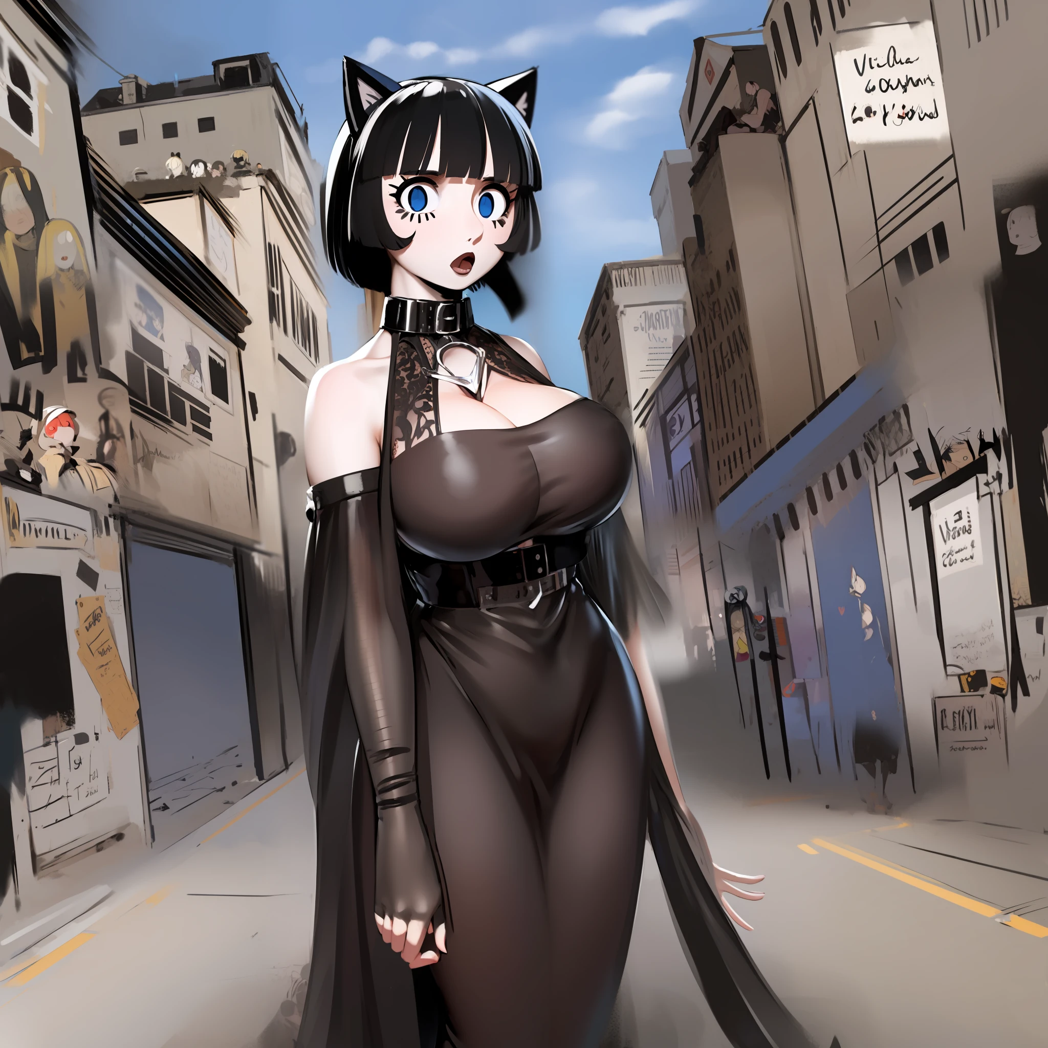 catgirl, short hair, black hair, cat ears, long nose, pale skin, long dress, black dress, victorial clothes, walking, portrait, 1character, medieval village, goth, no comic