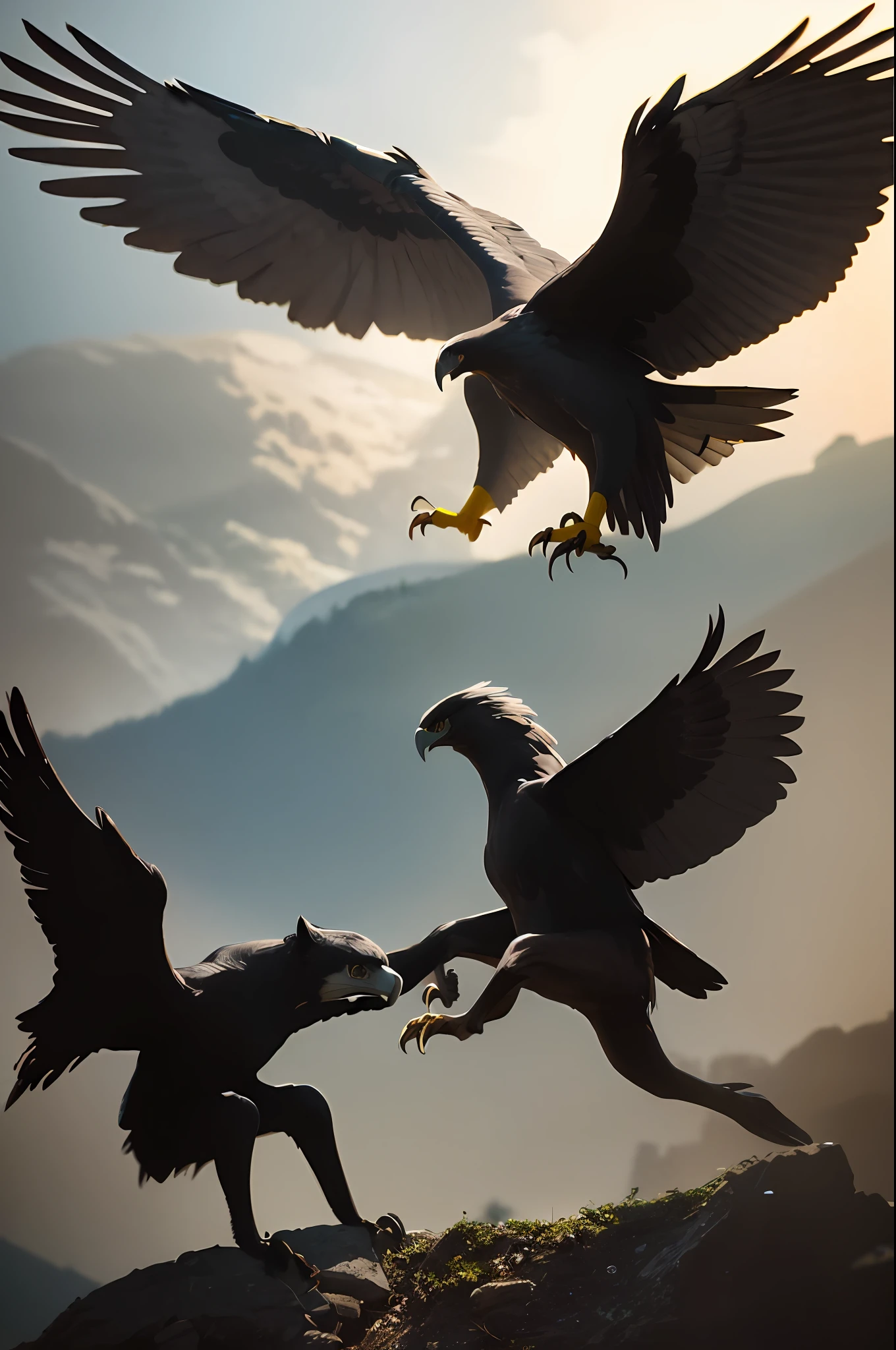 Creature with black hawk head, panther body and eagle wings, on two hind legs