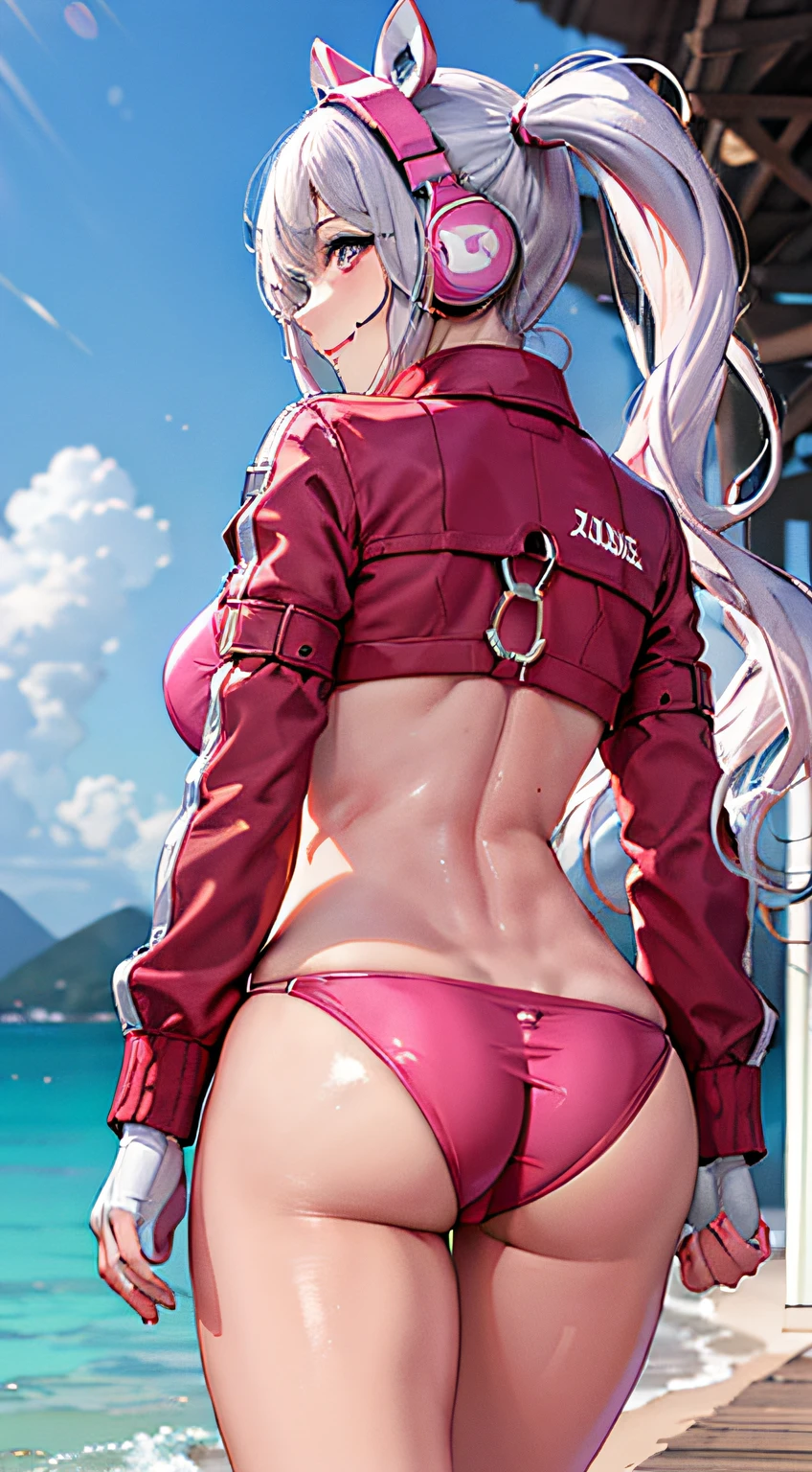 (Photorealistic: 1.4), Best Quality, Ultra High Resolution, 4K, Instagram, High Detailed, Alice (Nikke), Animal Ears, Artificial Animal Ears, Gloves, Headphones, Headset, Jacket, Pink Bikini, Pink Eyes, Back, White Hair, VirtualGirl-Aim, ,Normal Breasts, Big Thigh, Long Hair, Crystal Pendant, Smile,