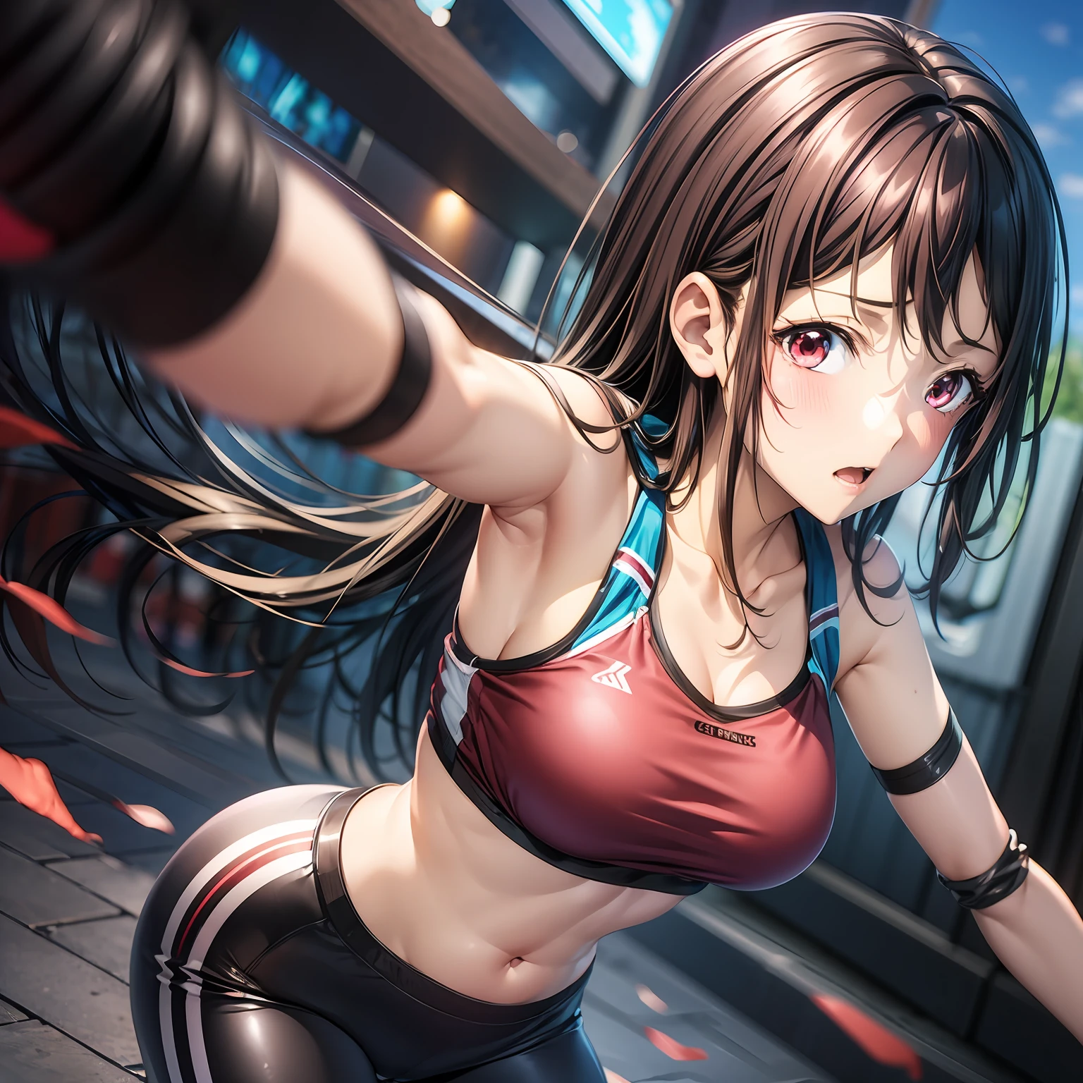 Kaori Hojo, I have an otherworldly cheating skill and have become unparalleled in the real world too, detailed manga style illustration, best quality, dynamic pose, black hair, red eyes, gym outfit, American Shot angle, night battle scene, incredibly detailed eyes, bright eyes