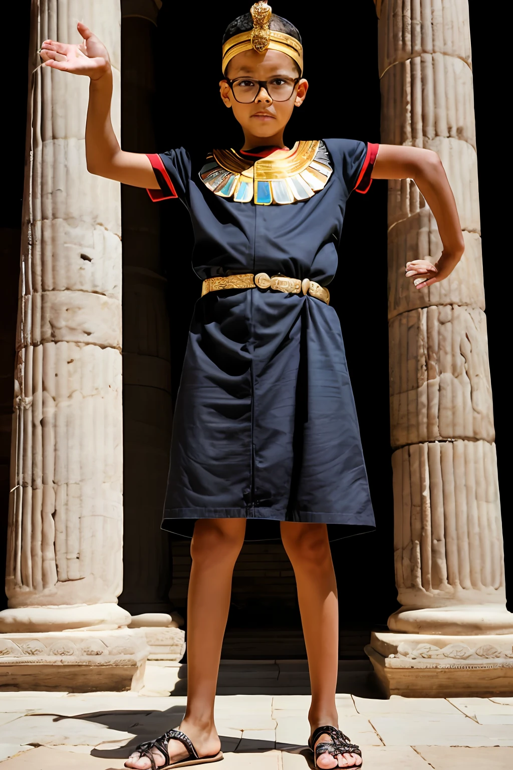 guttonerdvision5, full body of a 3--old  wearing glasses, detailed, skin, pores, (((sharp and detailed face)), (((detailed hands and arms)))), wearing Egyptian king clothing, in a wide throne room setting of Egyptian temple, intricate details, with great depth of field. The scene is realistic and the lighting is cinematic, uhd, photo award-winning