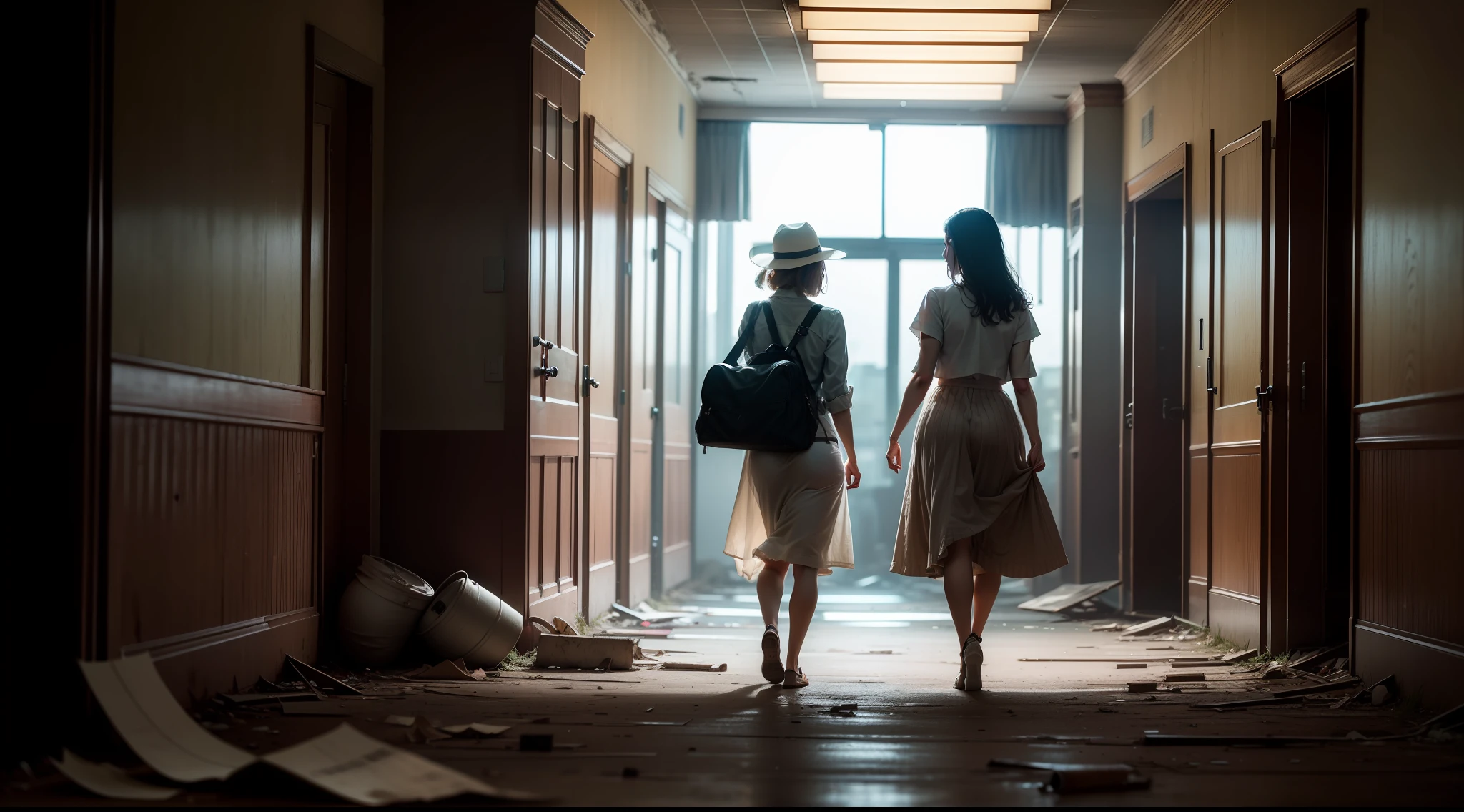 A woman and her friend exploring an abandoned hotel.