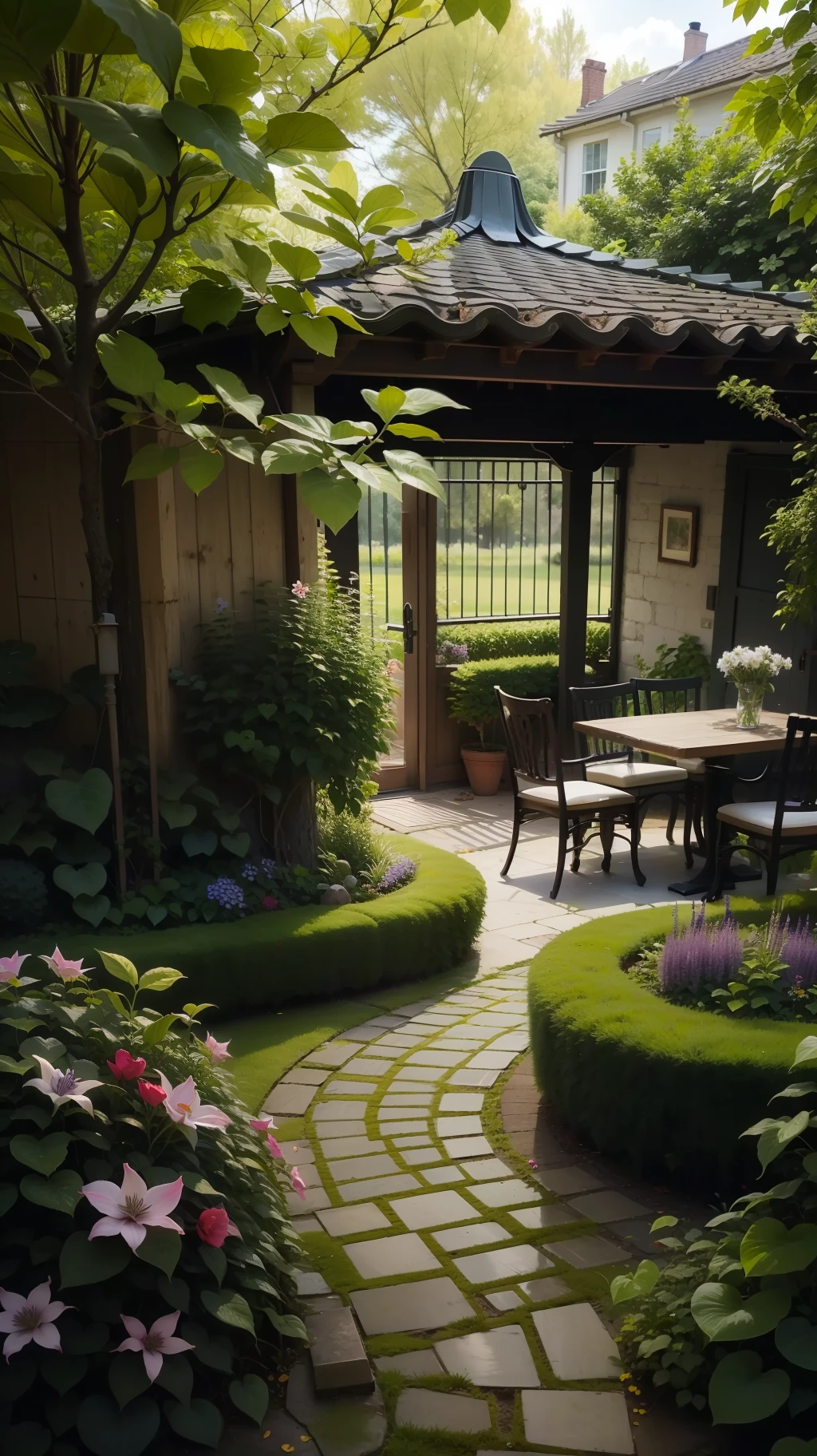 Table, sofa, greenery, season of the month clematis windmill jasmine triangle plum bulb