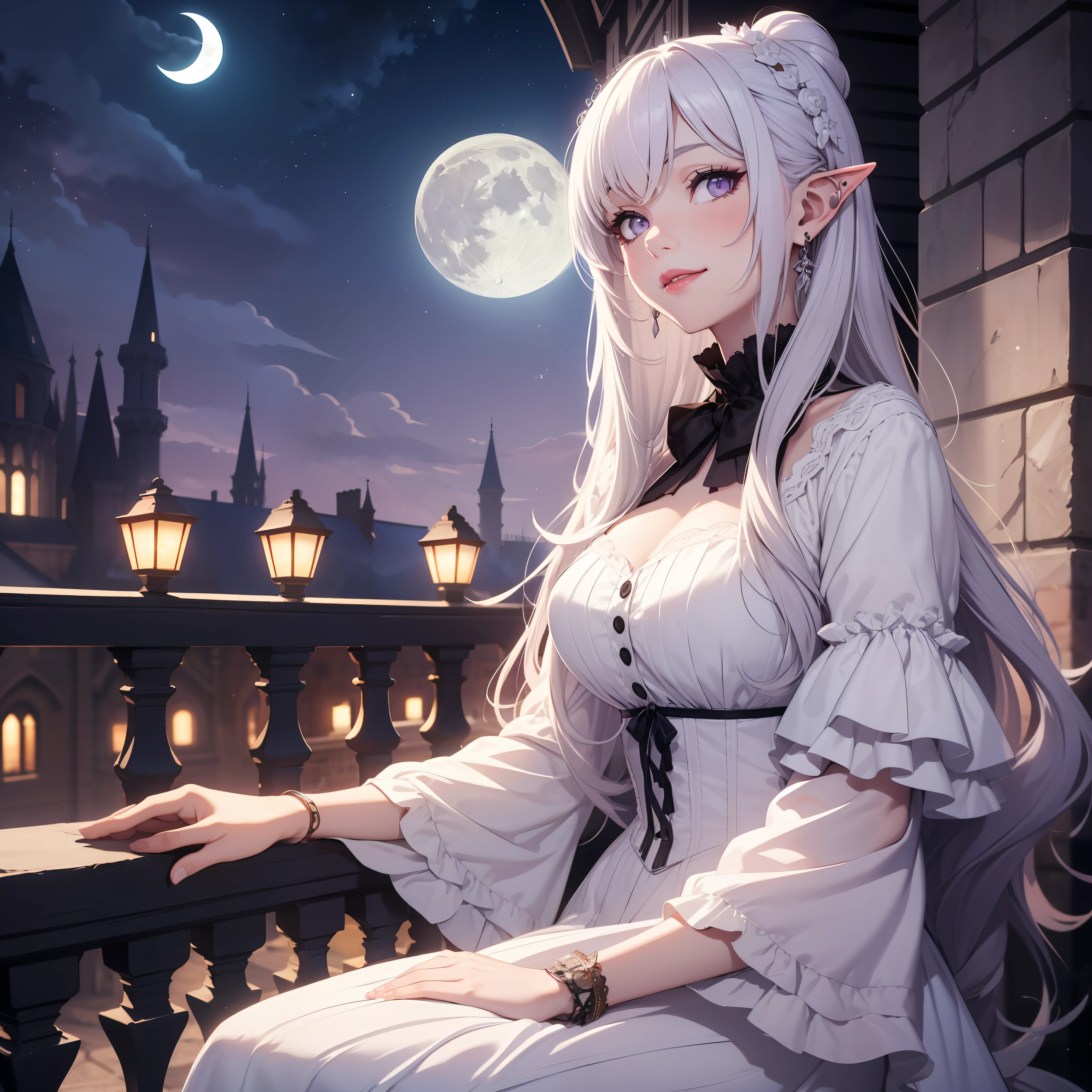 27-year-old girl, completely white skin, pointed ears, lilac lips, beautiful white long hair, elegant Victorian white dress, Sitting on the stone balcony of a gothic castle nonchalantly looking at the moon with a calm smile, night sky