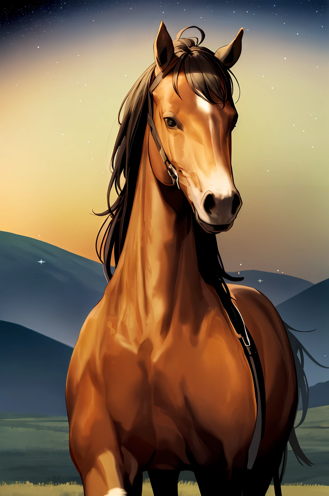 white horse on plains, stars, no people, close up, ((masterpiece))