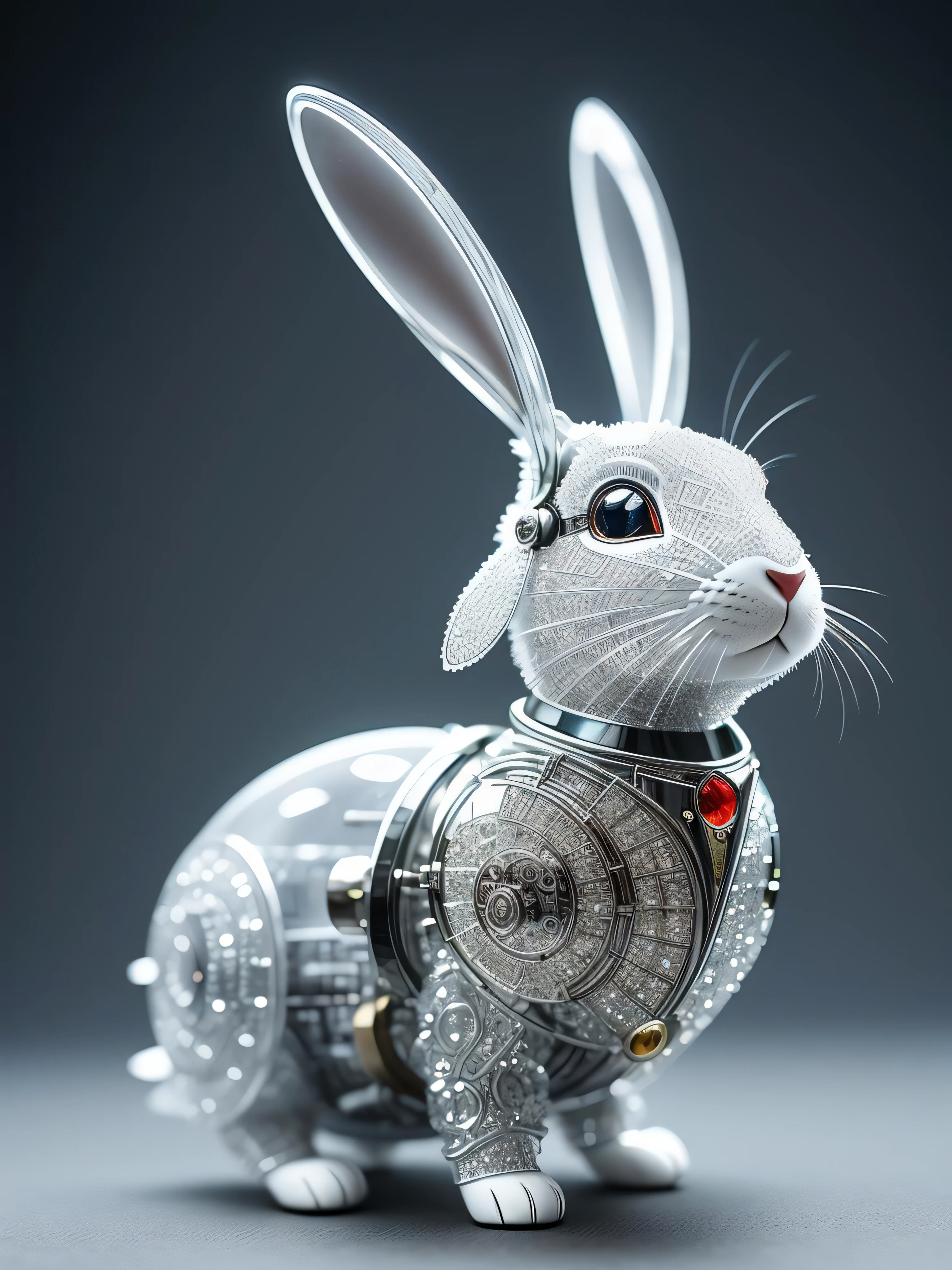 A cute rabbit made of crystal, 4K, (cyborg:1.1), ([tail|detail wire]:1.3), (intricate detail), hdr, (intricate detail, super detail:1.2), cinematography, vignetting, centering