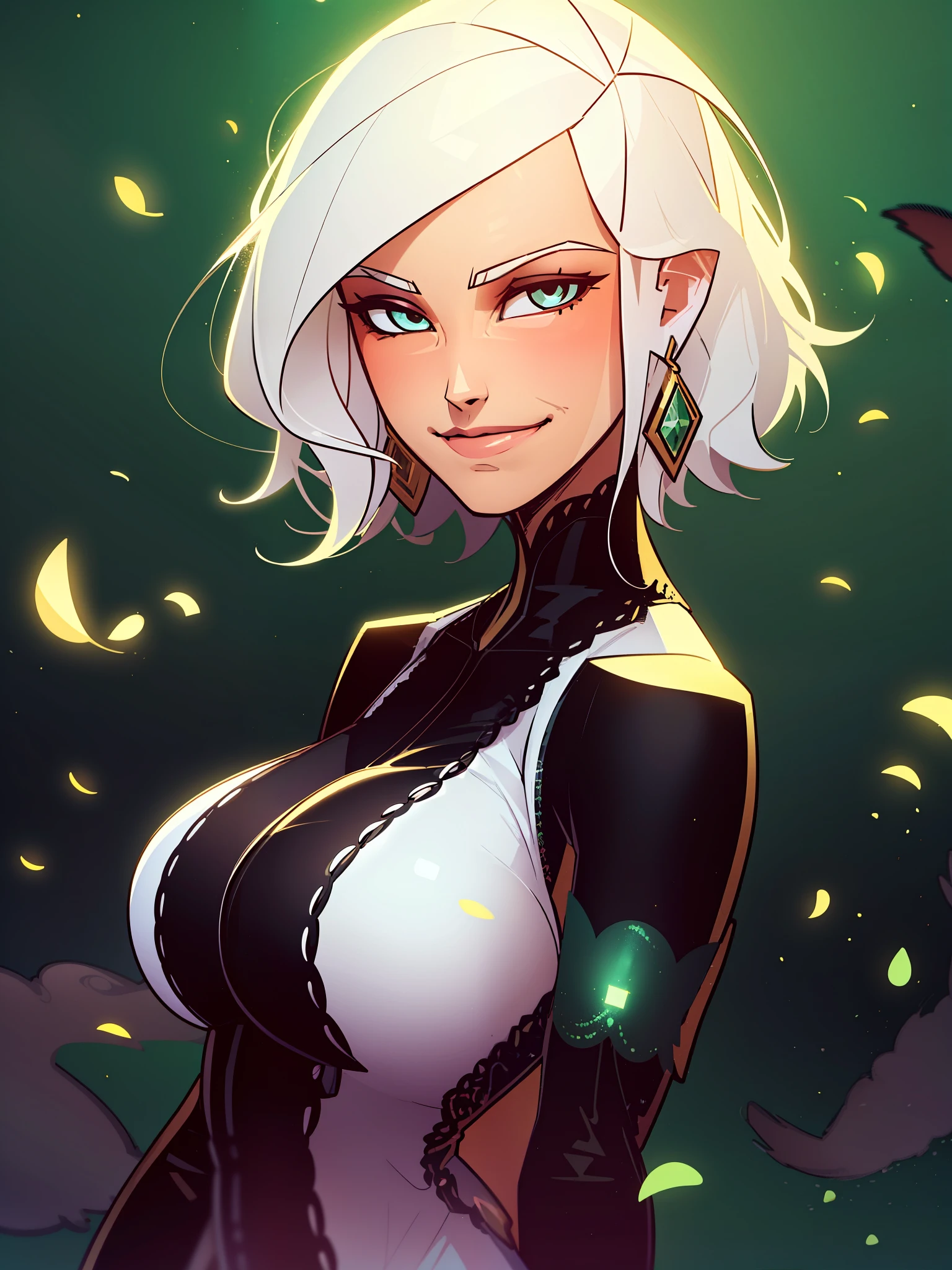 better quality, masterpiece, upper body,
(adult:1.6) Hungarian elf woman, (smirk: 0.4), arm behind her head,
short white hair,
sparkling eyes,
Victorian summer dress,
floating light particles, centered,