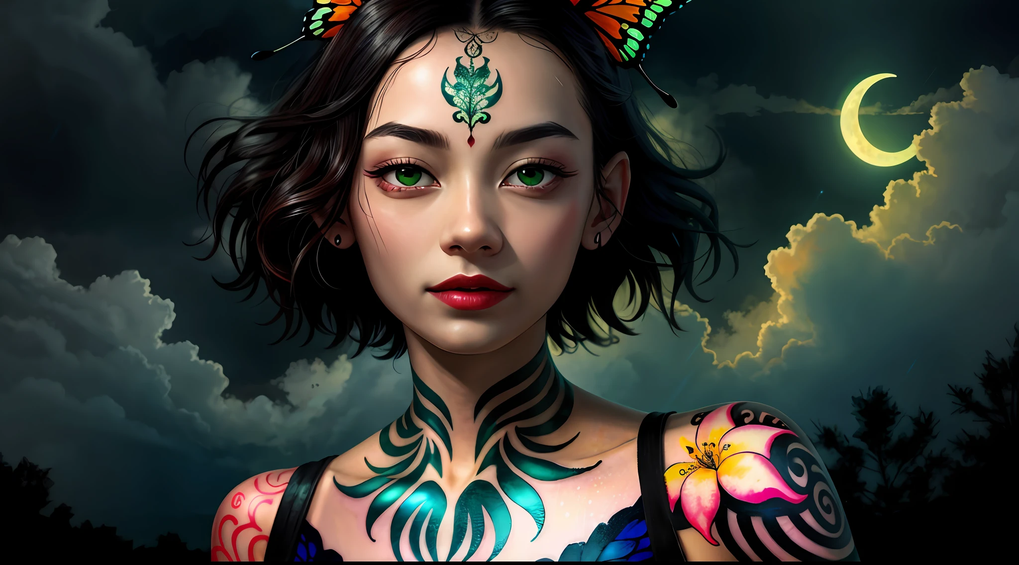 (Masterpiece: 1.2, high quality), (pixels: 1.4), (Song dynasty strokes: 1.4) (wide-angle lens, panorama: 1.2), (panoramic lens: 0.95), (panoramic lens, macro lens: 1.25), dynamic angle, perspective, high point, masterpiece, best quality, 8k, crazy detail, intricate details, super detail, super high quality, early spring willow leaves, often with rain and hatred clouds, extremely beautiful vampire, sideways, face like peach blossom March, implied amorous moon. The slender waist is curled, the restrained swallow lazy warbler is lazy, the sandalwood mouth is light, and the butterfly chaos that tempts the bees crazy. Enchanting jade words, beautiful jade fragrance, tense shots (the sky glows red, visual impact, giving the poster a dynamic and visually striking appearance: 1.2), close-up, (analog lens, macro lens: 1.25), colorful colored transparent smooth stones: 1.5, ultra-realistic and complex, body makeover, glowing tattoos, surreal tattoos, highly realistic and complex, tattoo art, detailed neon tattoos