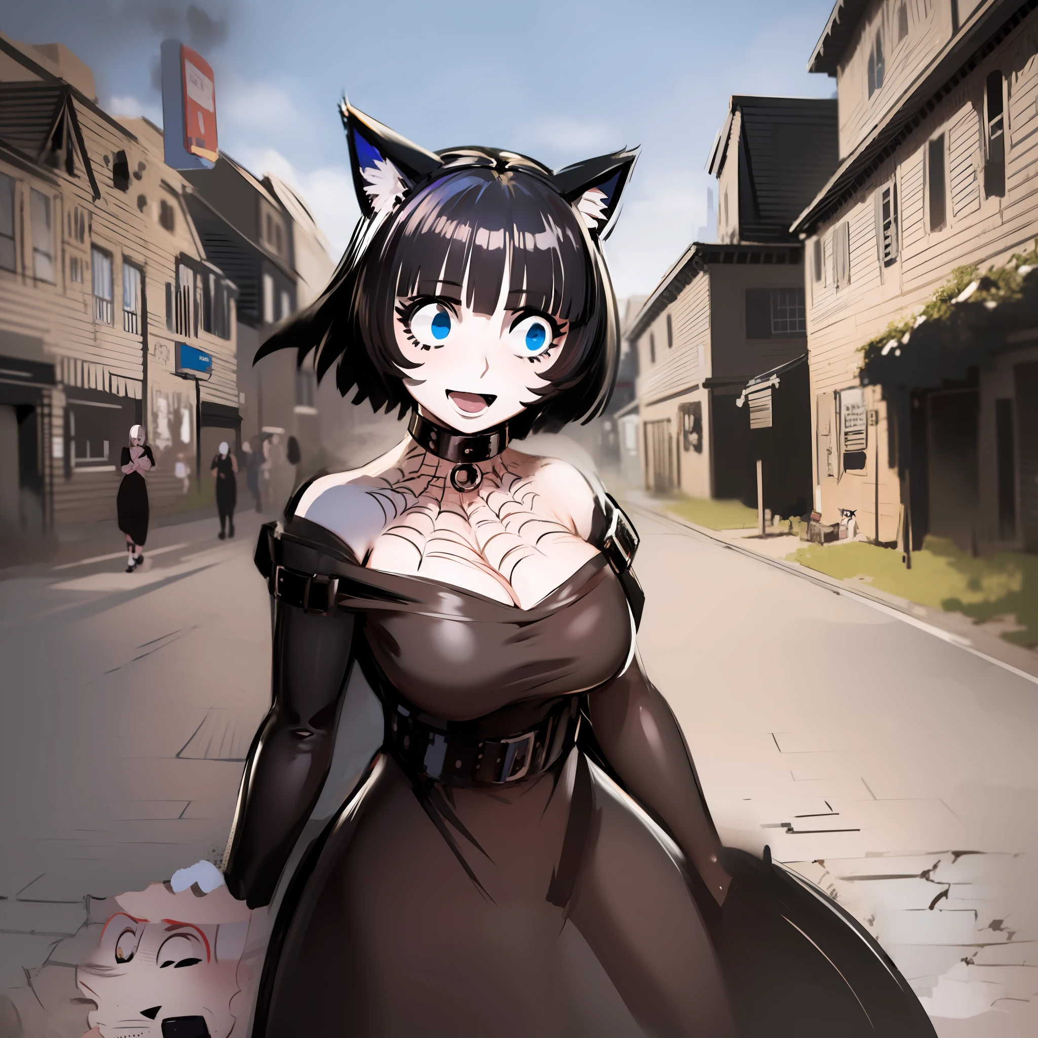 catgirl, short hair, black hair, cat ears, long nose, pale skin, long dress, black dress, victorial clothes, walking, portrait, 1character, medieval village, goth, no comic