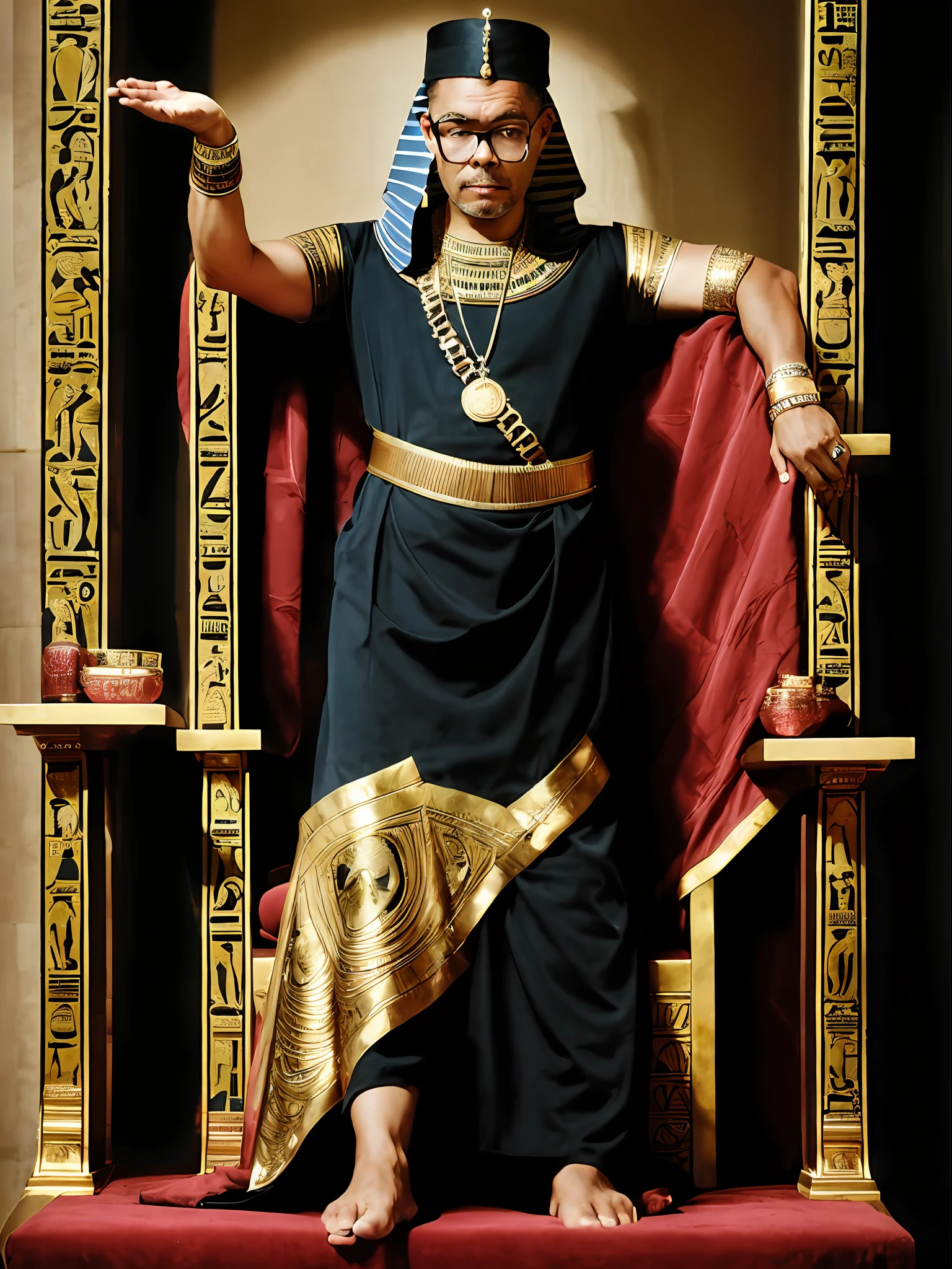 guttonerdvision5, full body of a 45-year-old man wearing glasses, detailed, skin, pores, ((sharp and detailed face)), (((detailed hands and arms))), wearing Egyptian king clothing, in an Egyptian throne room setting, intricate details, with great depth of field. The scene is realistic and the lighting is cinematic, uhd, photo award-winning