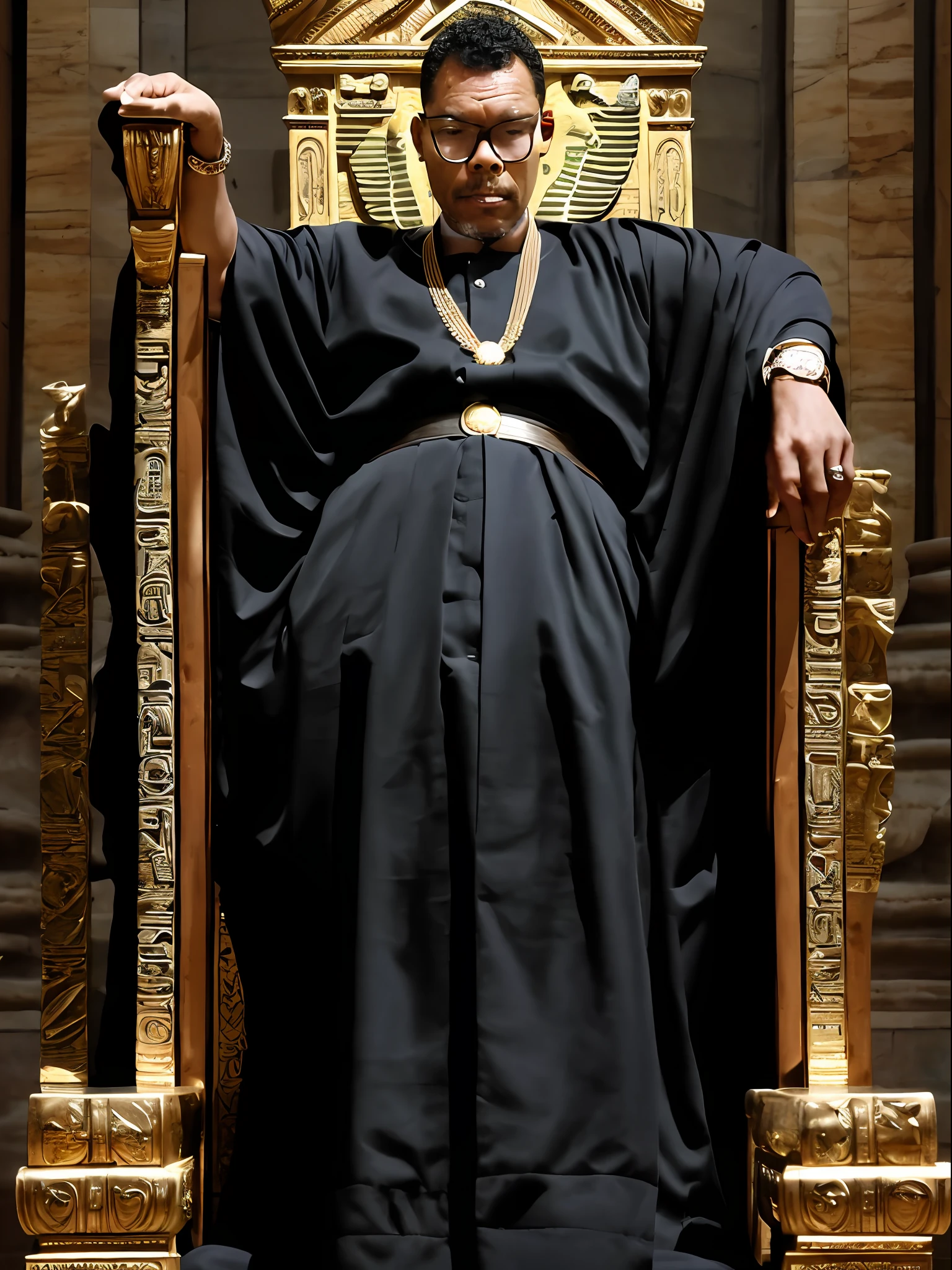 guttonerdvision5, full body of a 45-year-old man wearing glasses, detailed, skin, pores, ((sharp and detailed face)), (((detailed hands and arms))), wearing Egyptian king clothing, in an Egyptian throne room setting, intricate details, with great depth of field. The scene is realistic and the lighting is cinematic, uhd, photo award-winning