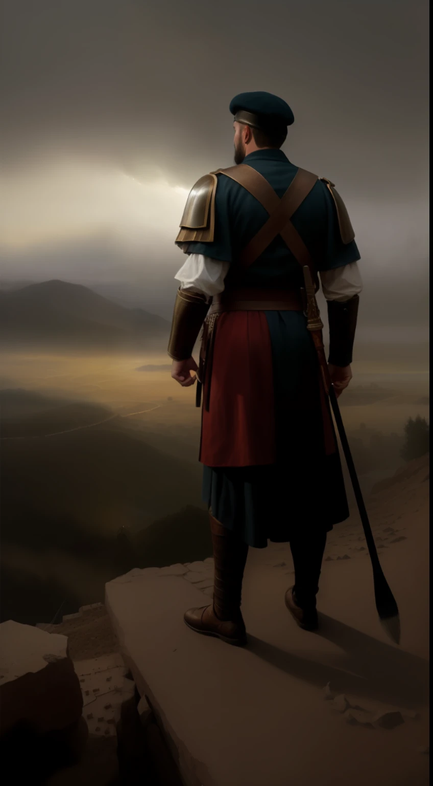 (magnificent, oil painting, official art by Greg Rutkowski:1.3), King Alaric I, imposing and authoritative, (5th-century attire:1.2), leading a relentless assault of his Visigoth warriors upon the crumbling Roman Empire, highly detailed brushwork, intricate depiction of battle formations, Roman legionaries clashing with Visigoth warriors, realistic style showcasing the fury and chaos of the battlefield, atmospheric perspective capturing the vastness of the conflict, dramatic lighting and shadows, epic landscape, dark and ominous atmosphere, warm colors, looking at viewer with a fierce gaze.