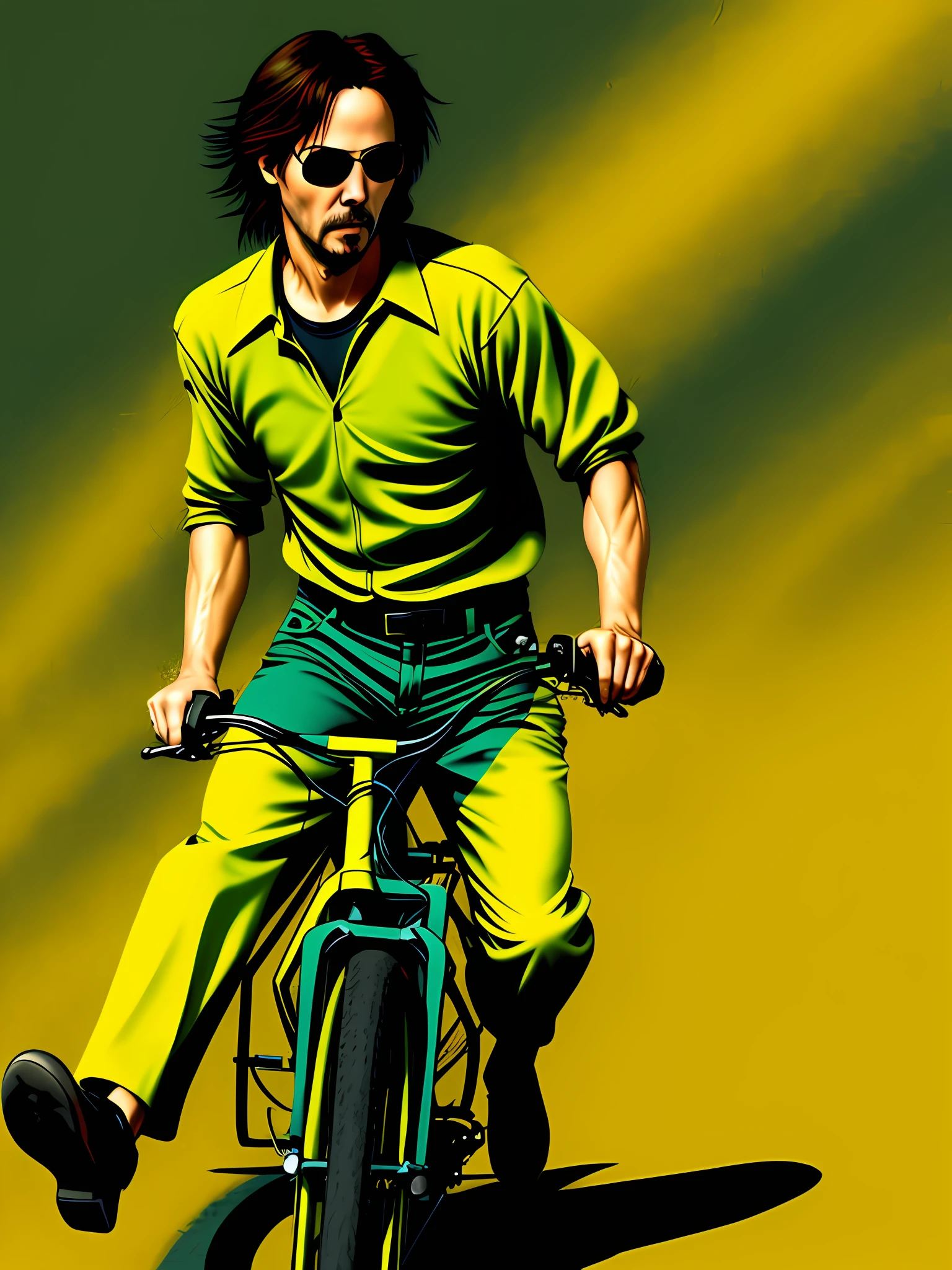 Keanu Reeves in green and yellow clothing riding his bike in Rio de Janeiro, Brazil