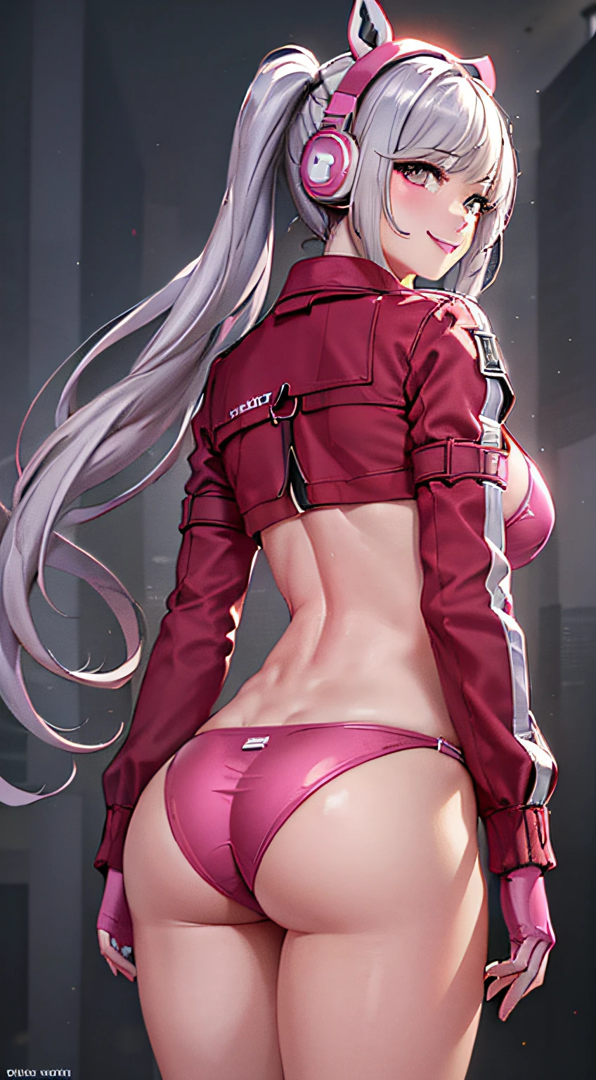 (Photorealistic: 1.4), Best Quality, Ultra High Resolution, 4K, Instagram, High Detailed, Alice (Nikke), Animal Ears, Artificial Animal Ears, Gloves, Headphones, Headset, Jacket, Pink Bikini, Pink Eyes, Back, White Hair, VirtualGirl-Aim, ,Normal Breasts, Big Thigh, Long Hair, Crystal Pendant, Smile,