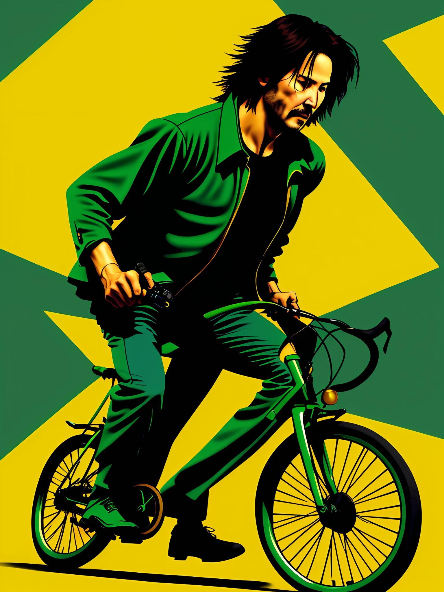 Keanu Reeves in green and yellow clothing riding his bike in Rio de Janeiro, Brazil