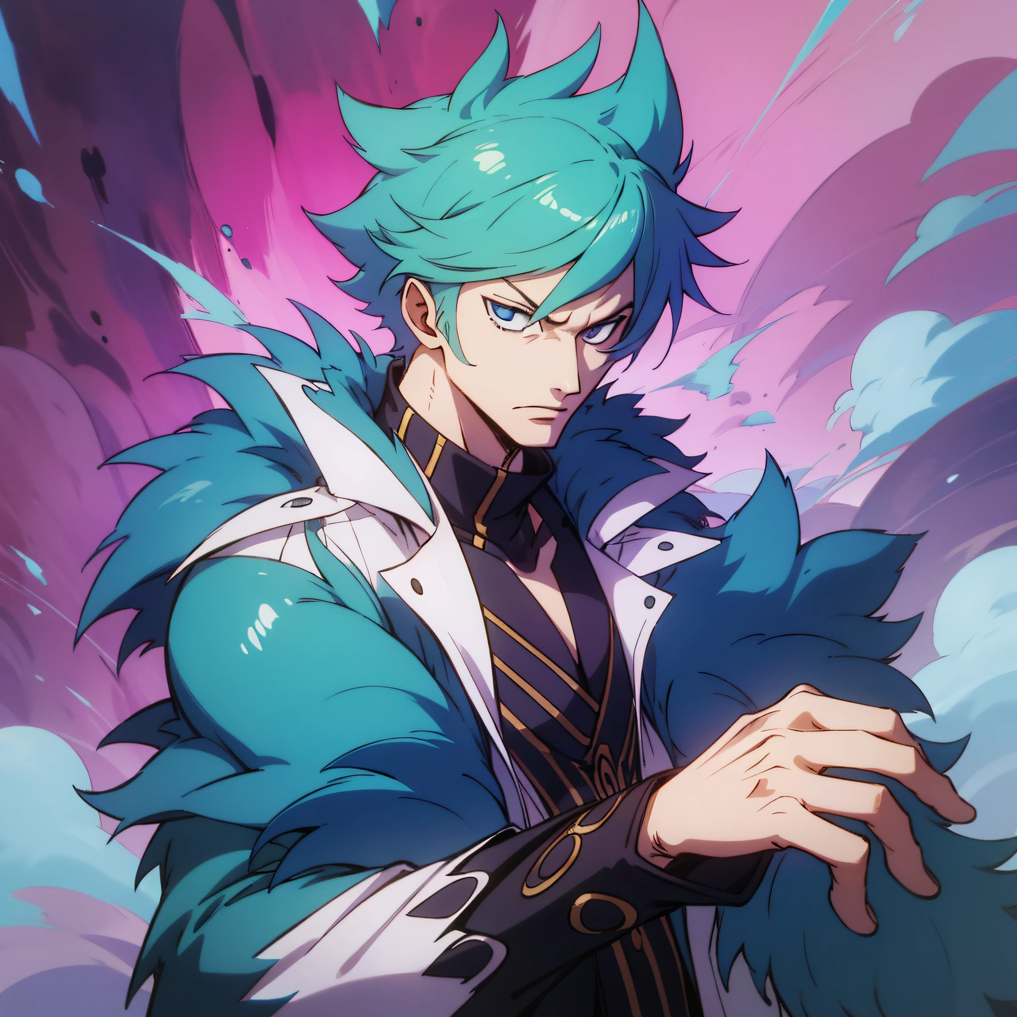 (male),Anime - Style image of a man with blue hair and a furry coat