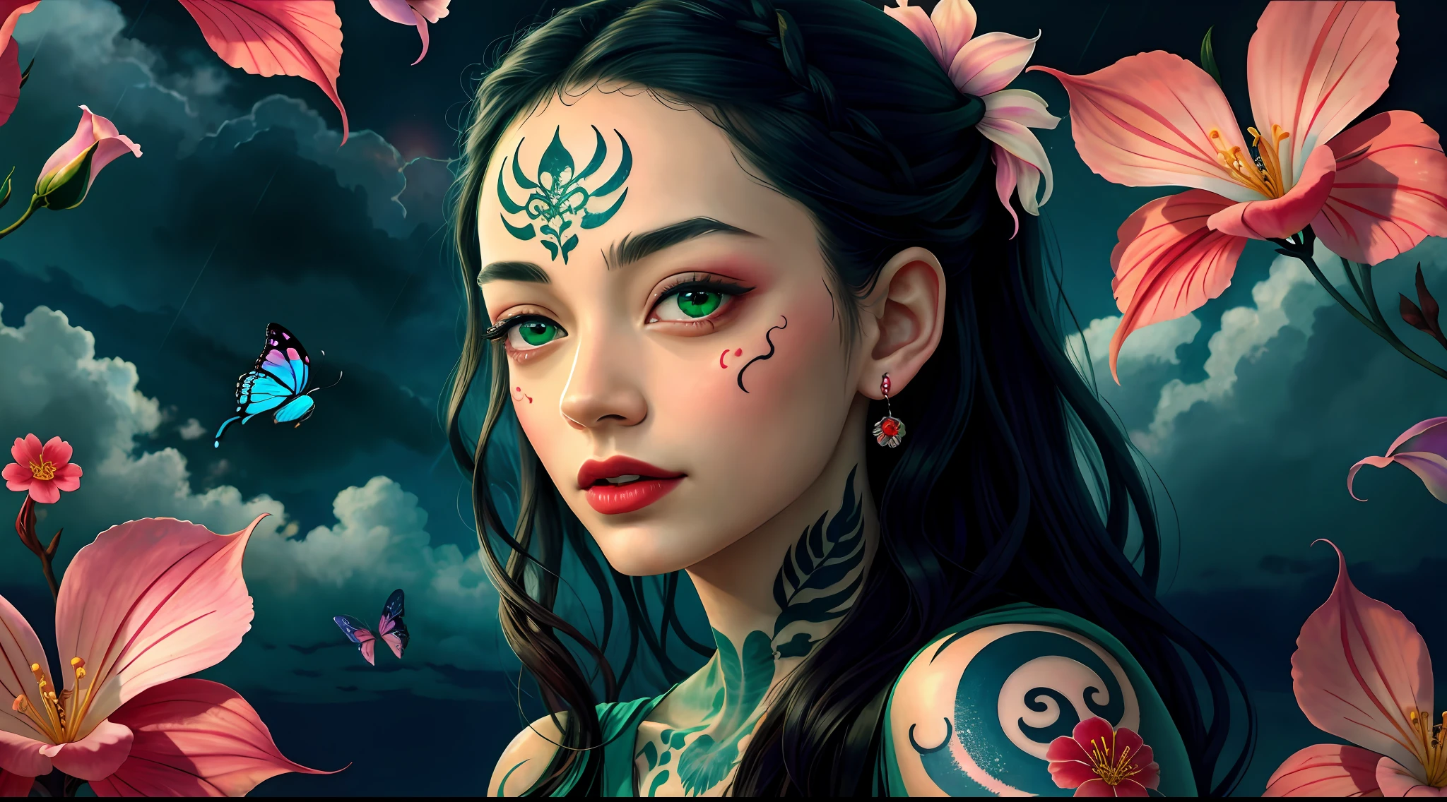 (Masterpiece: 1.2, high quality), (pixels: 1.4), (Song dynasty strokes: 1.4) (wide-angle lens, panorama: 1.2), (panoramic lens: 0.95), (panoramic lens, macro lens: 1.25), dynamic angle, perspective, high point, masterpiece, best quality, 8k, crazy detail, intricate details, super detail, super high quality, early spring willow leaves, often with rain and hatred clouds, extremely beautiful vampire, sideways, face like peach blossom March, implied amorous moon.  The slender waist is curled, the restrained swallow lazy warbler is lazy, the sandalwood mouth is light, and the butterfly chaos that tempts the bees crazy.  Enchanting jade words, beautiful jade fragrance, tense shots (the sky glows red, visual impact, giving the poster a dynamic and visually striking appearance: 1.2), close-up, (analog lens, macro lens: 1.25), colorful colored transparent smooth stones: 1.5, ultra-realistic and complex, body makeover, glowing tattoos, surreal tattoos, highly realistic and complex, tattoo art, detailed neon tattoos
