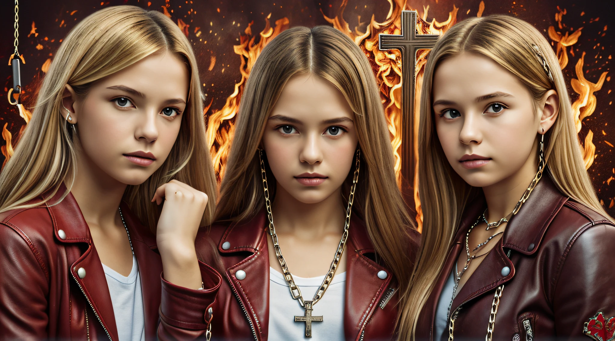 A half body, portrait of 3 girls German children long blonde hair of 12 years, red leather jackets, holding in their hands a cross, background of chains, chain, more chains, many chains, , red, red fire, many background flames.