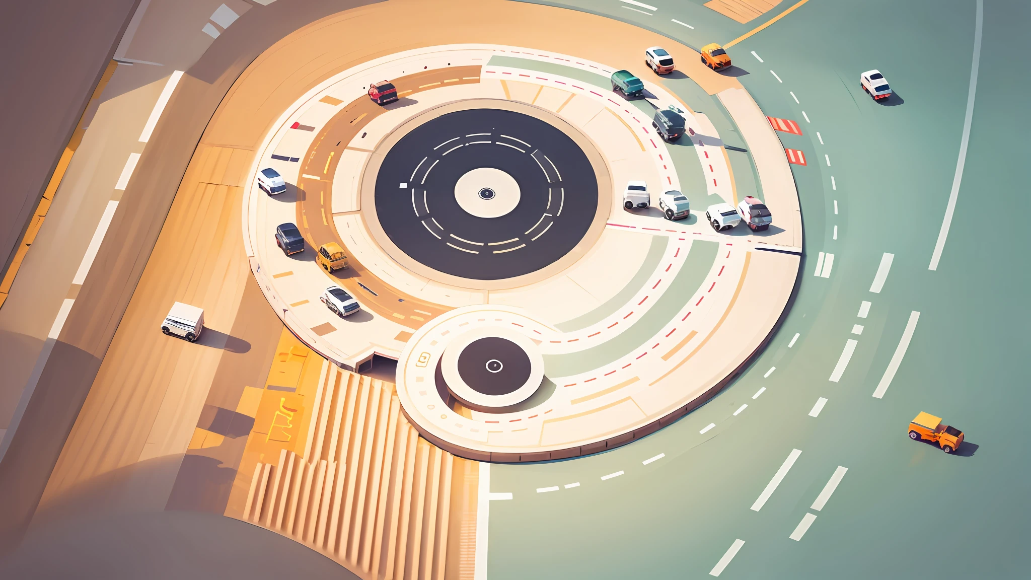 Flat business illustration, vector, 2 wide highway roads twisted, merged into the shape of (yin and yang), many cars and large trucks on the road, surrounded by modern buildings