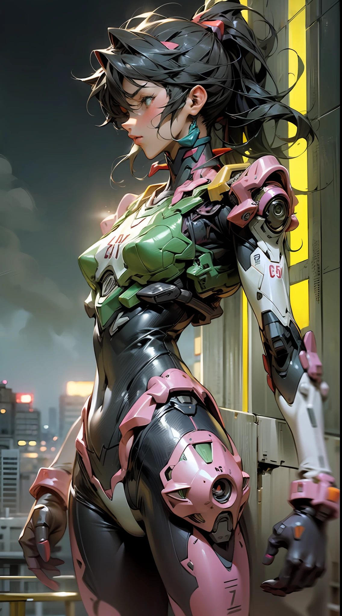 A sexy feminine giant robot, purple, black, orange and green, fighting a kaiju in neon genesis evangelion anime style, realistic photography, night, tokyo background --auto --s2