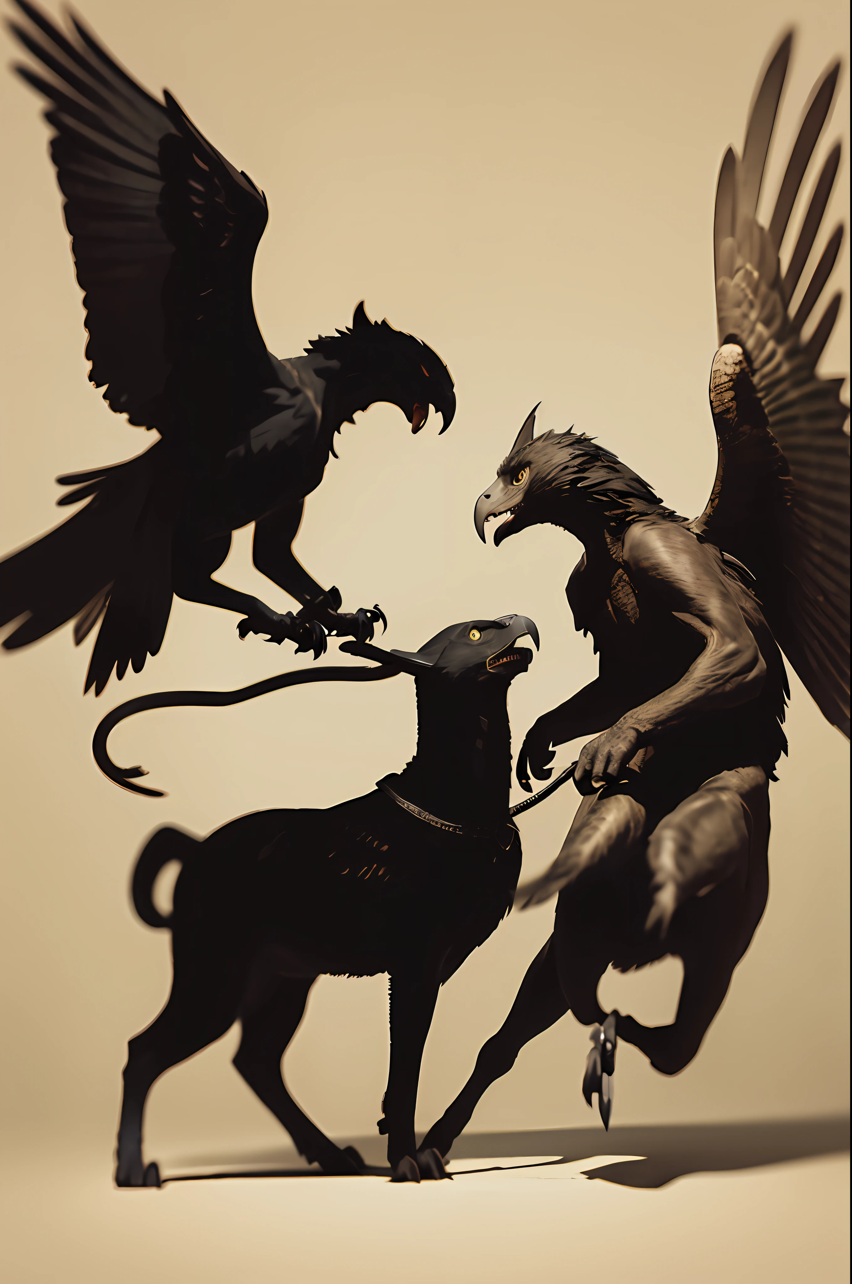 Creature with black hawk head, panther body and eagle wings, on two hind legs