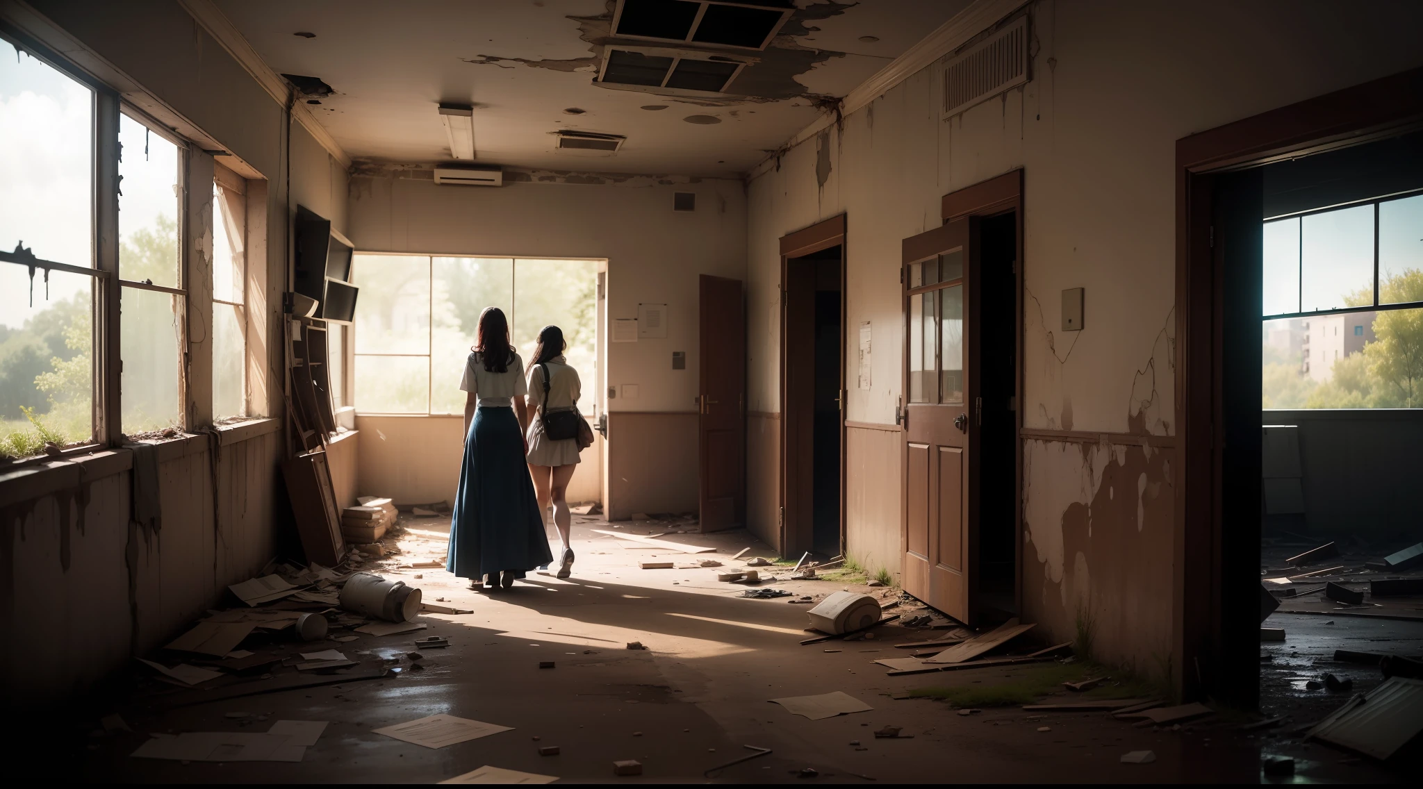 A woman and her friend exploring an abandoned hotel.