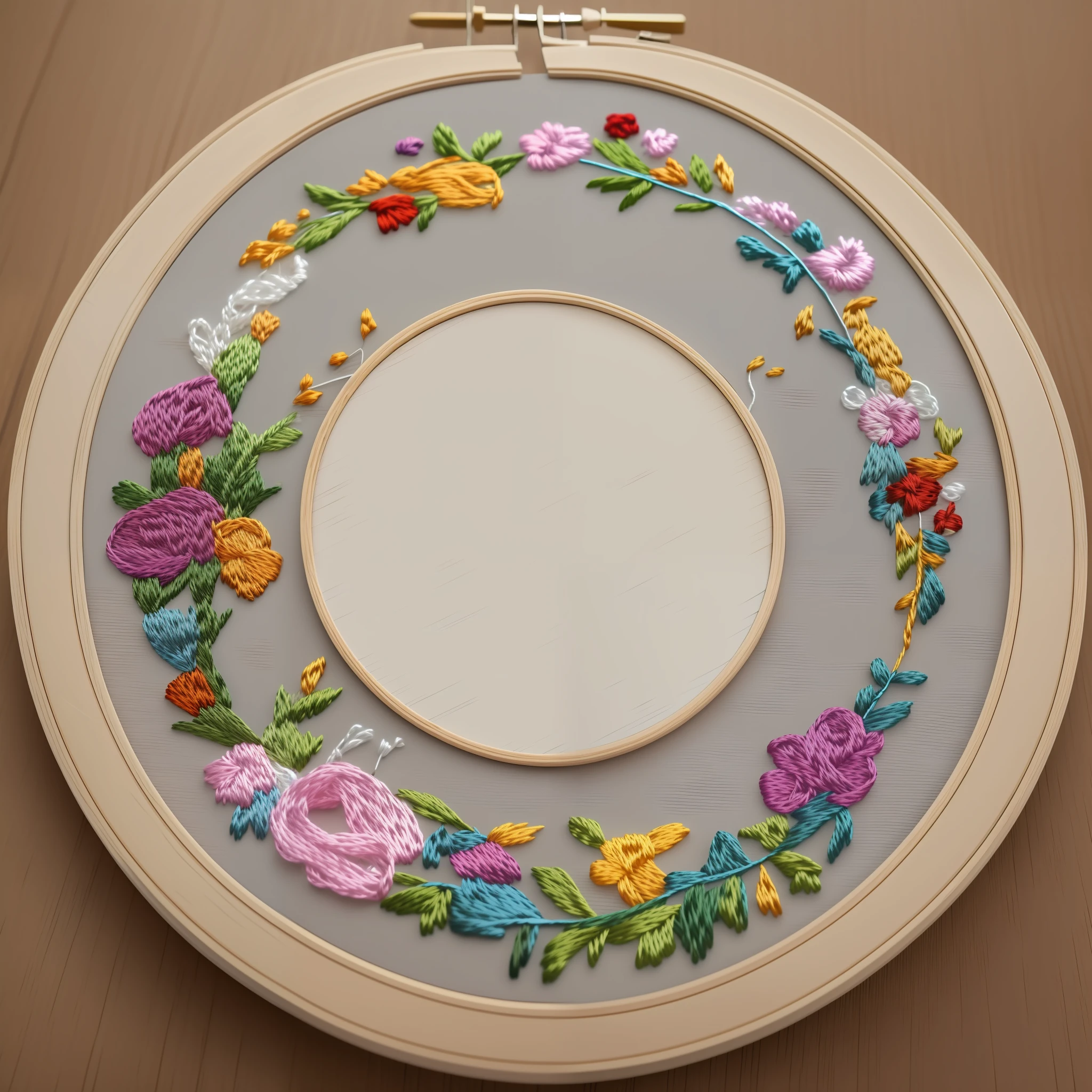A delicate, colourful floral lacy pattern of embroidery stitches on a wooden hoop, 8K, HD, Photorealistic