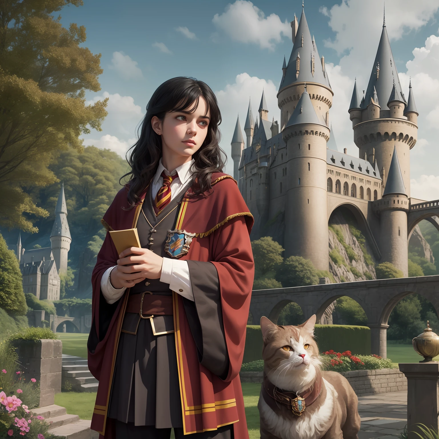 A black-haired character like the half-browning deep sea with black eyes from Gryffindor, Gryffindor, Gryffindor, Fashion, Pretty, Castle Background, Garden Background Castle Harry Potter character, Hogwarts, Witchcraft, 1983, Realistic, Ultra Detailed, Hogwarts Background, 8K, UHD