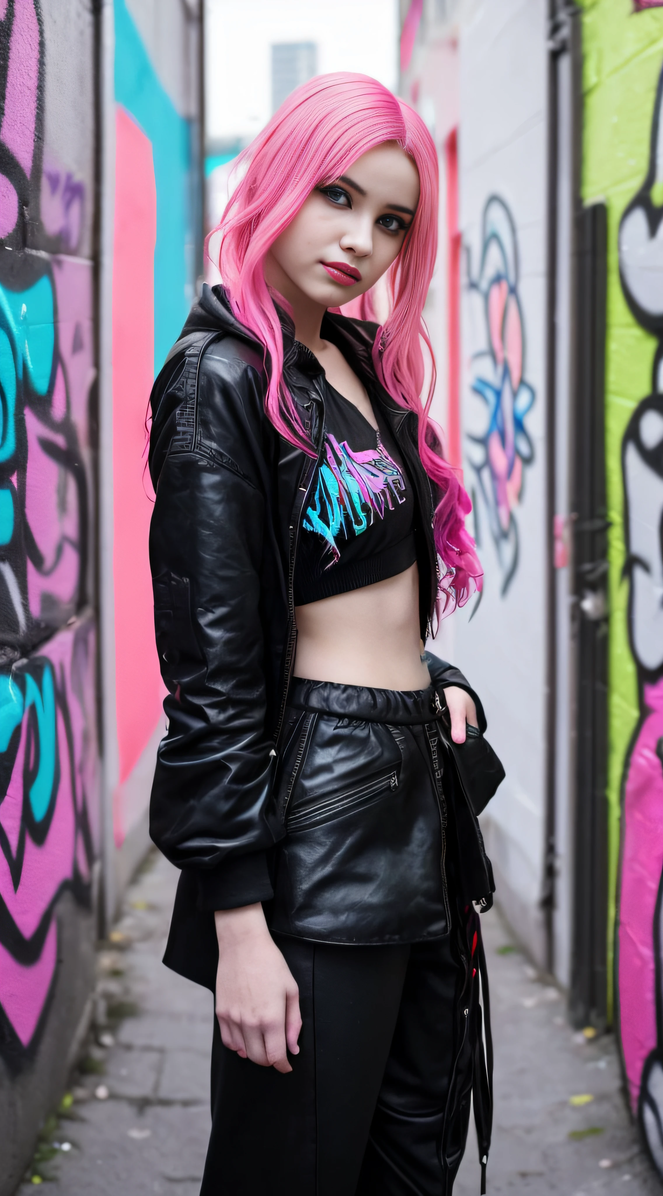 arafed woman with pink hair and a black hoodie posing in a graffiti - filled alley, e-girl, e - girl, cyberpunk 2 0 y. o model girl, cyberpunk vibe, cyberpunk streetwear, wearing cyberpunk streetwear, cyberpunk outfit, in cyberpunk style, cyberpunk clothes, cyberpunk girl, cyberpunk style outfit, neonpunk, cyberpunk fashion clothing, cyberpunk wearing