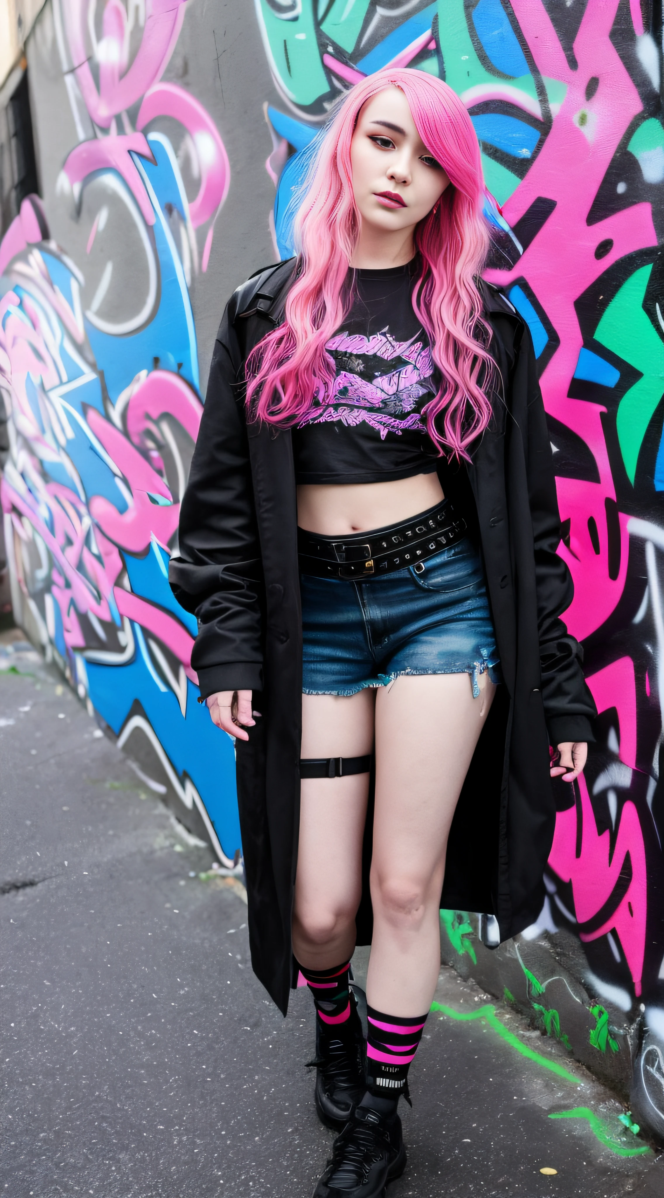 arafed woman with pink hair and a black hoodie posing in a graffiti - filled alley, e-girl, e - girl, cyberpunk 2 0 y. o model girl, cyberpunk vibe, cyberpunk streetwear, wearing cyberpunk streetwear, cyberpunk outfit, in cyberpunk style, cyberpunk clothes, cyberpunk girl, cyberpunk style outfit, neonpunk, cyberpunk fashion clothing, cyberpunk wearing